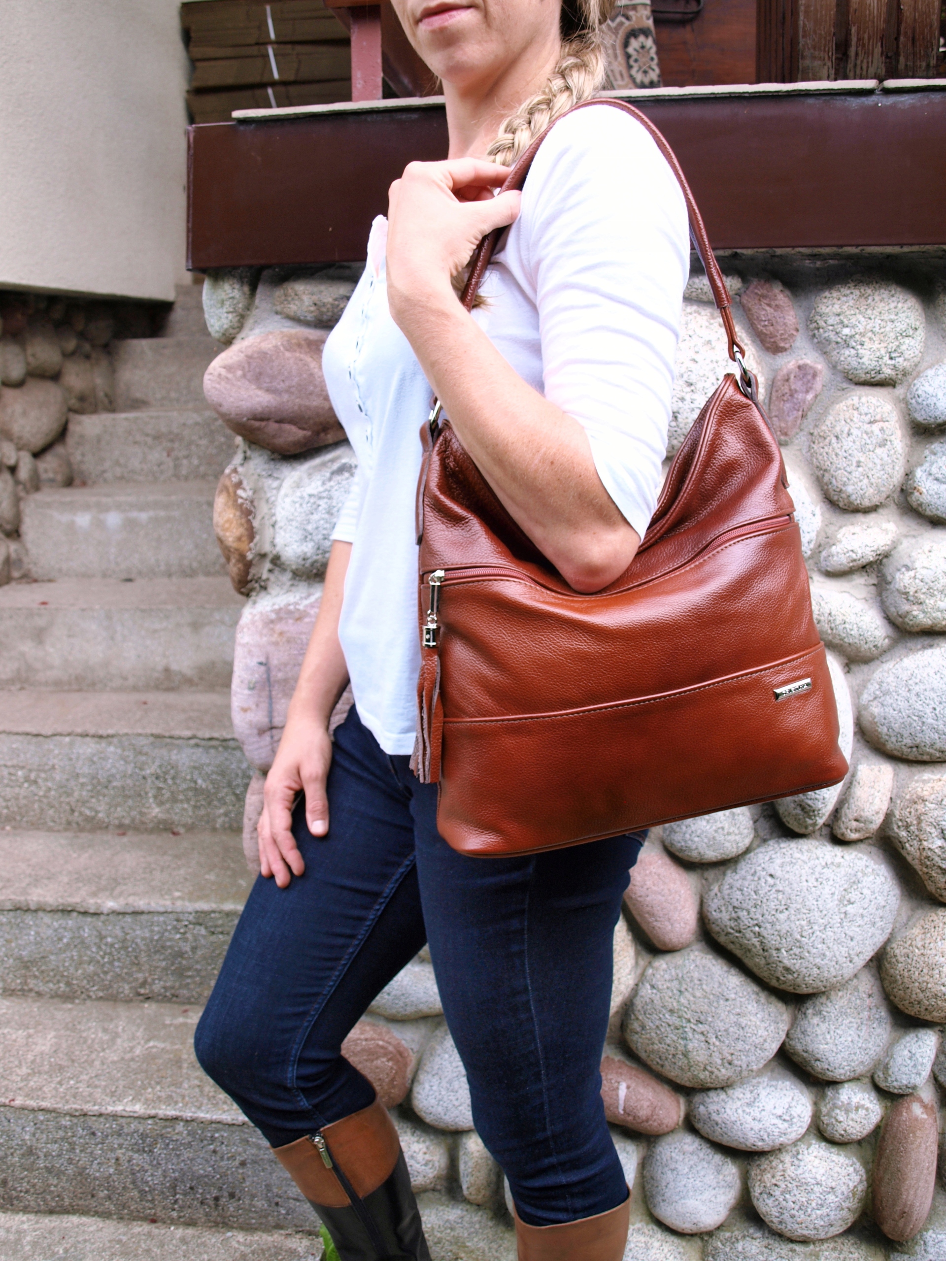 Torebka Skórzana Worek Skóra Naturalna Listonoszka Kolor brązowy