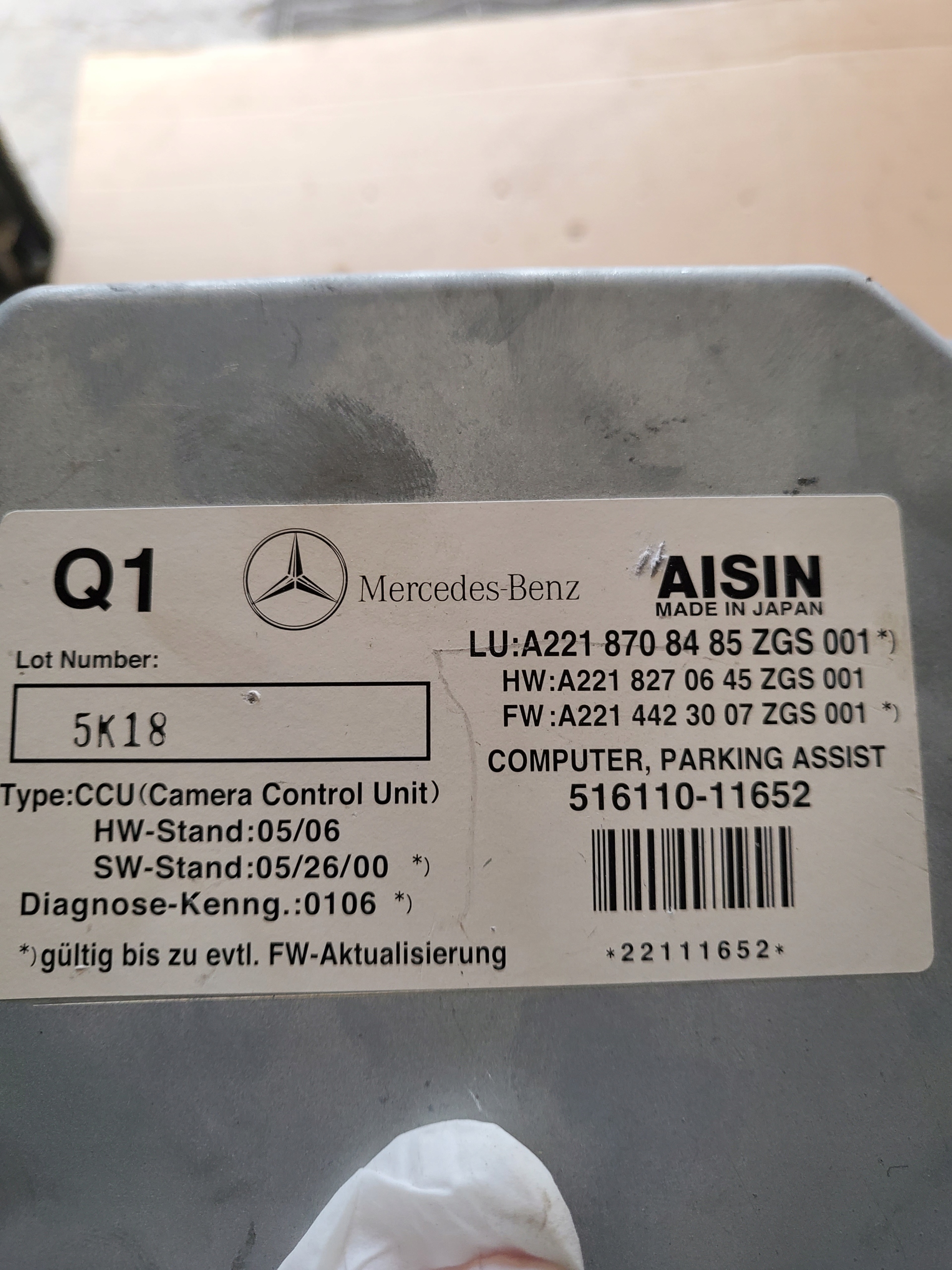 control unit module KAMERY reversing MERCEDES S W221 OE EU