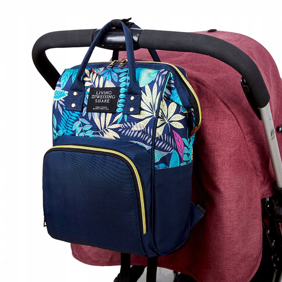 TORBA DO WÓZKA PLECAK ORGANIZER DLA MAMY I DZIECKA 3W1 NA SPACER W KWIATY Wysokość 38 cm