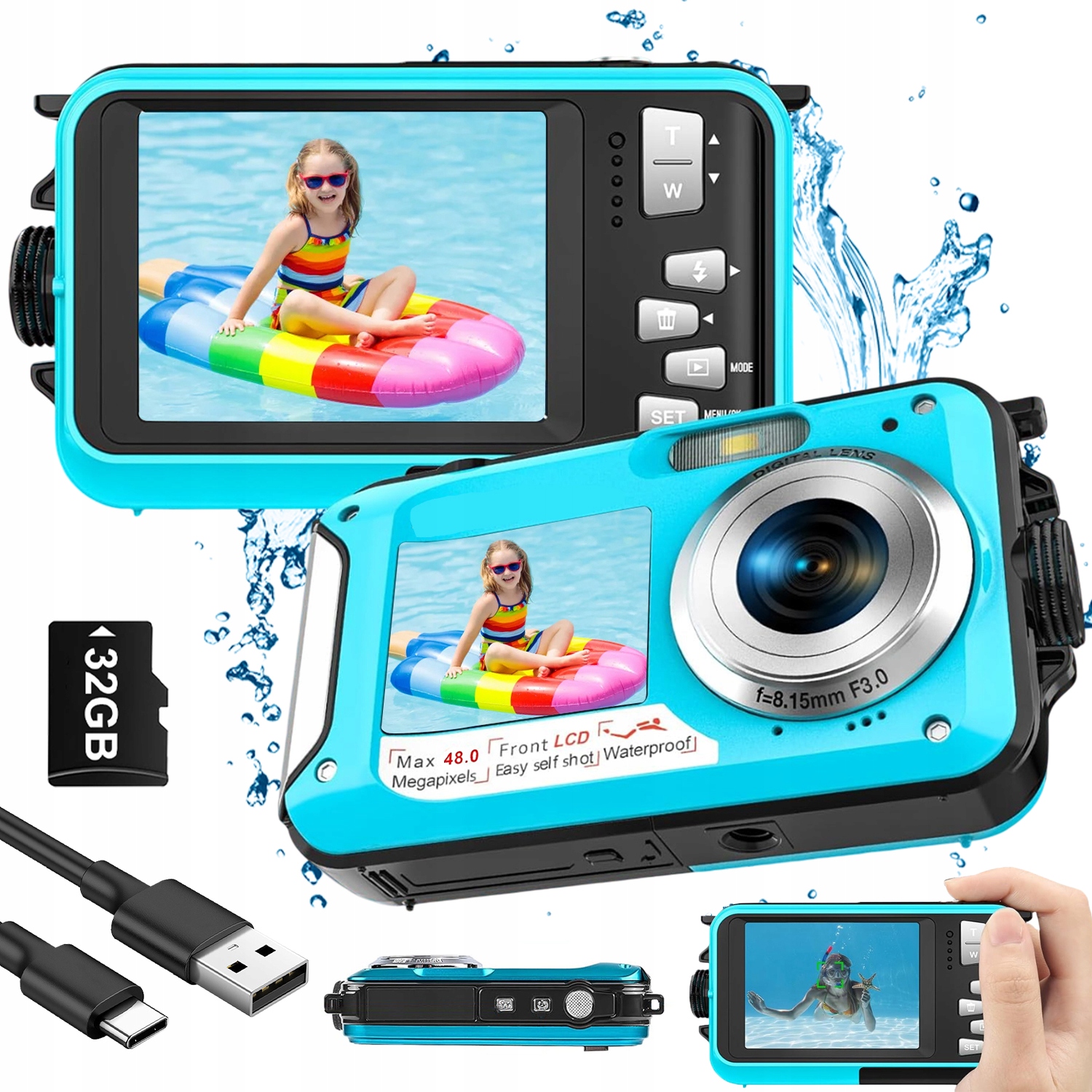 Digitální Podvodní Selfie Fotoaparát Dvojitý Displej Autofocus Voděodolný