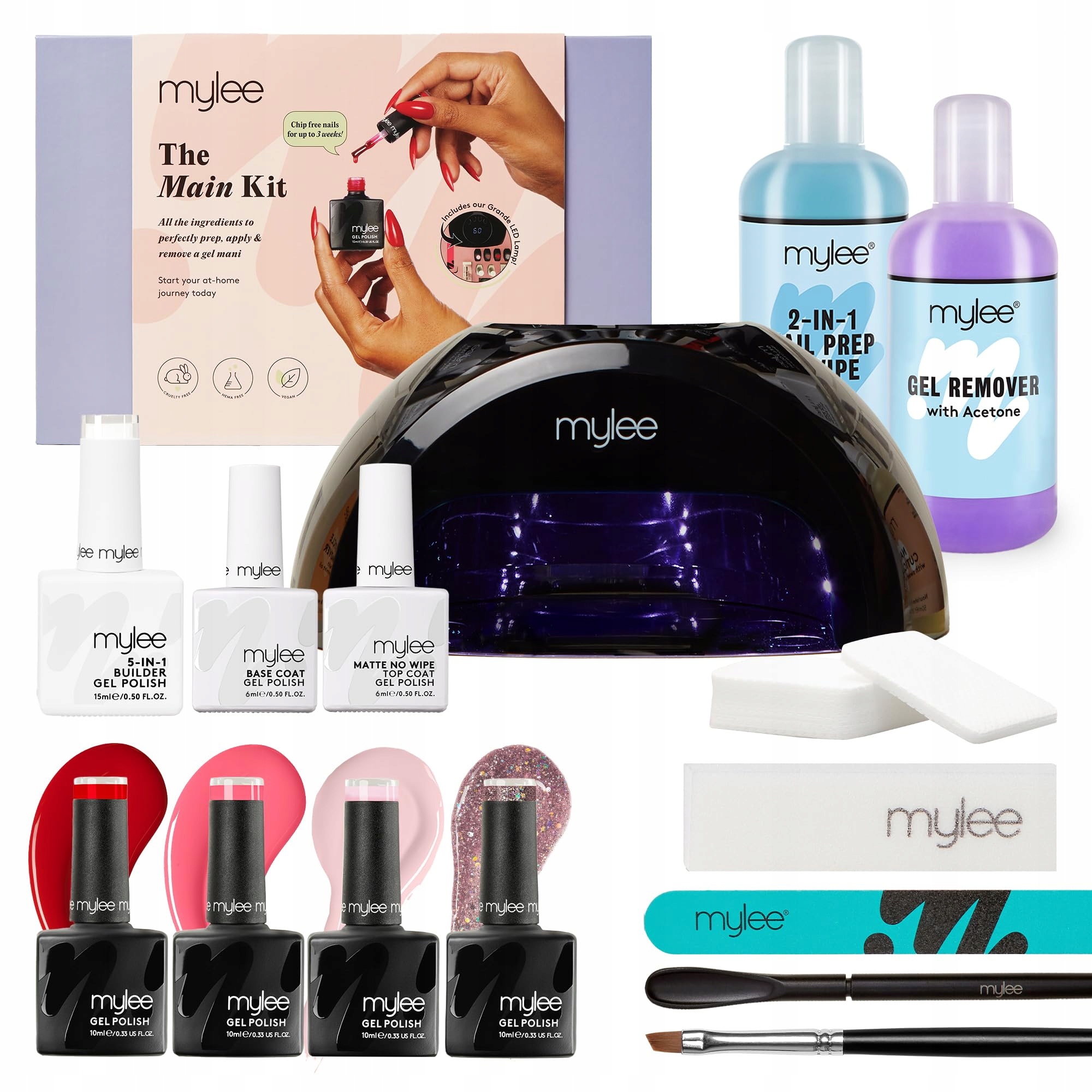 MYLEE Zestaw Do Paznokci Z Lampą LED Baza Top 4 Lakiery Żelowe Remover