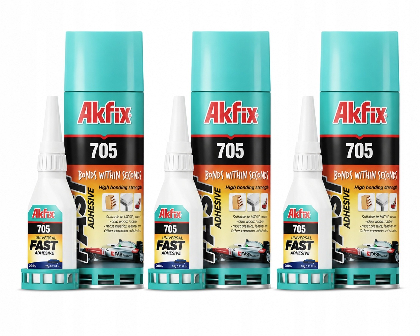 3x Silné kyanoakrylátové vteřinové lepidlo Akfix 705 125 g aktivátor 400 ml