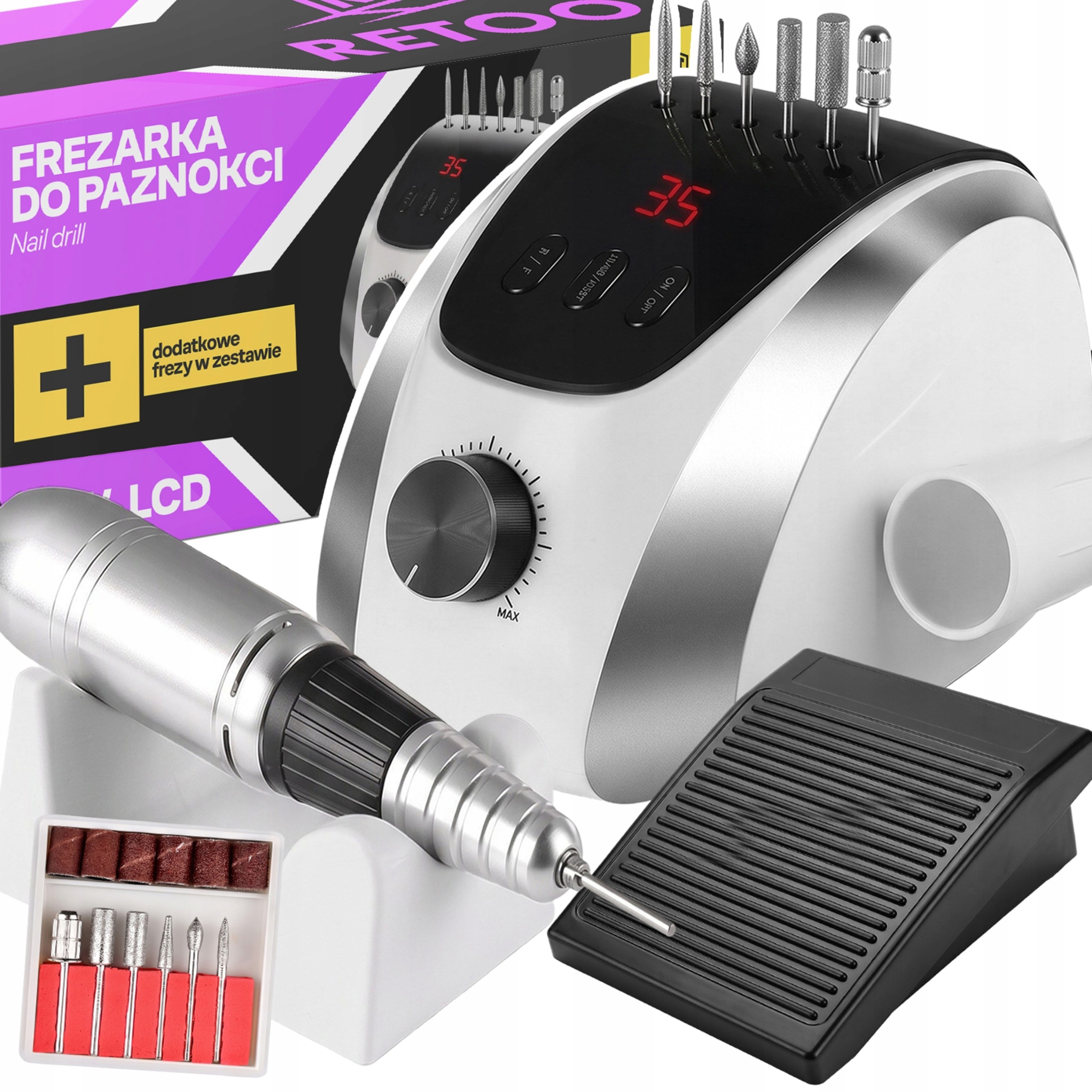 Bruska Na Nehty Manikúra Pedikúra Hybridní 65W LCD Sada Fréz XL