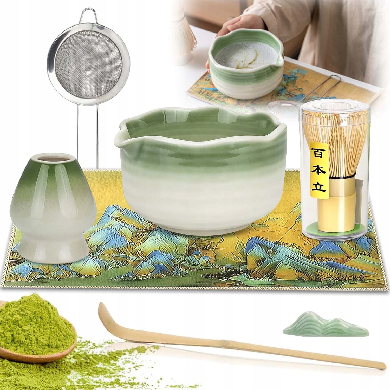 Levně 7 X Bambusová Sada Na Výrobu Matchy Šlehací Metla Lžíce Prosévač Matcha