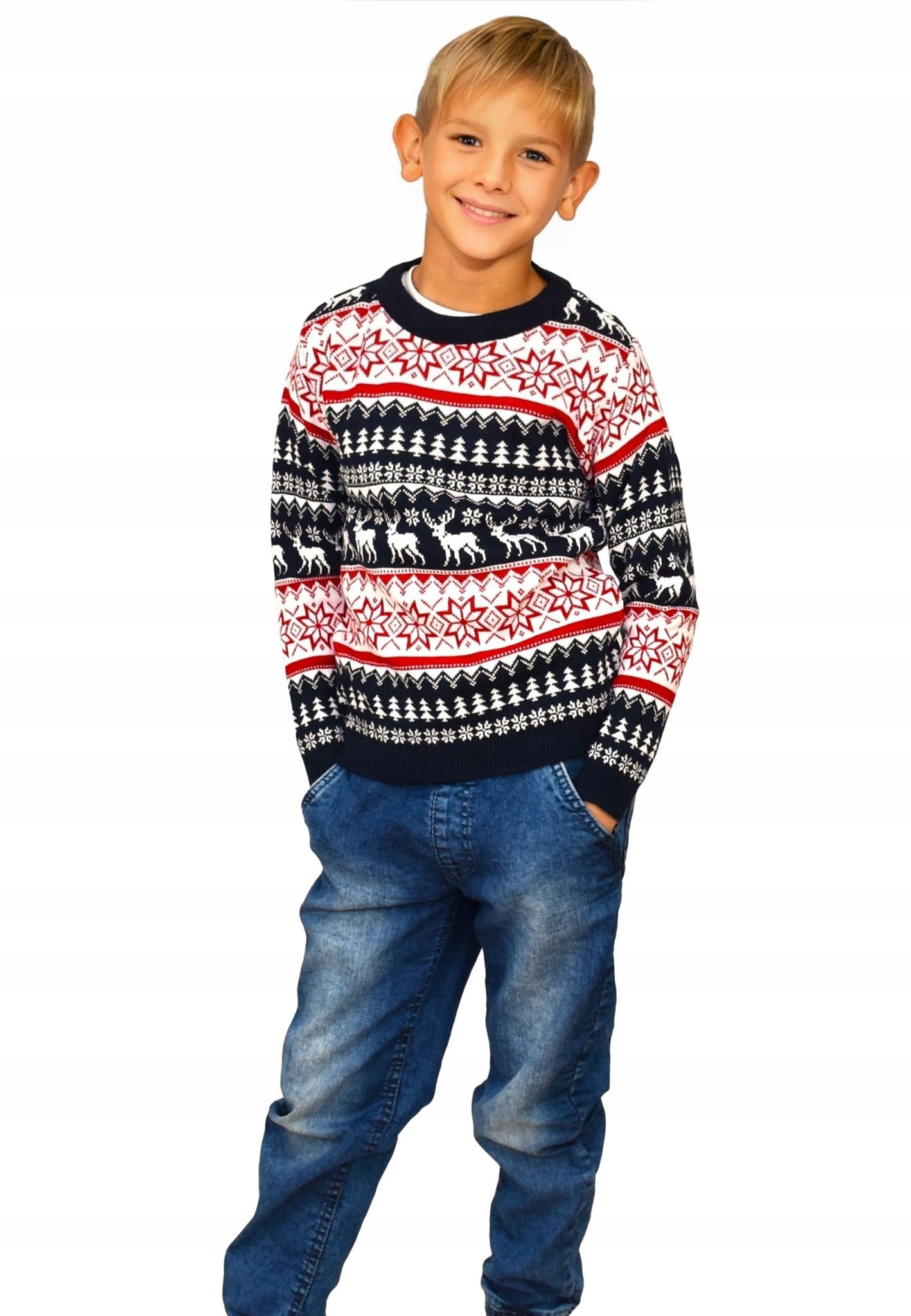 DZIECIĘCY SWETER ŚWIĄTECZNY NORWESKI GRANATOWY CZERWONY ŚWIĄTECZNE 4/5 LAT Kod producenta Sweter świąteczny norweski biały czerwony