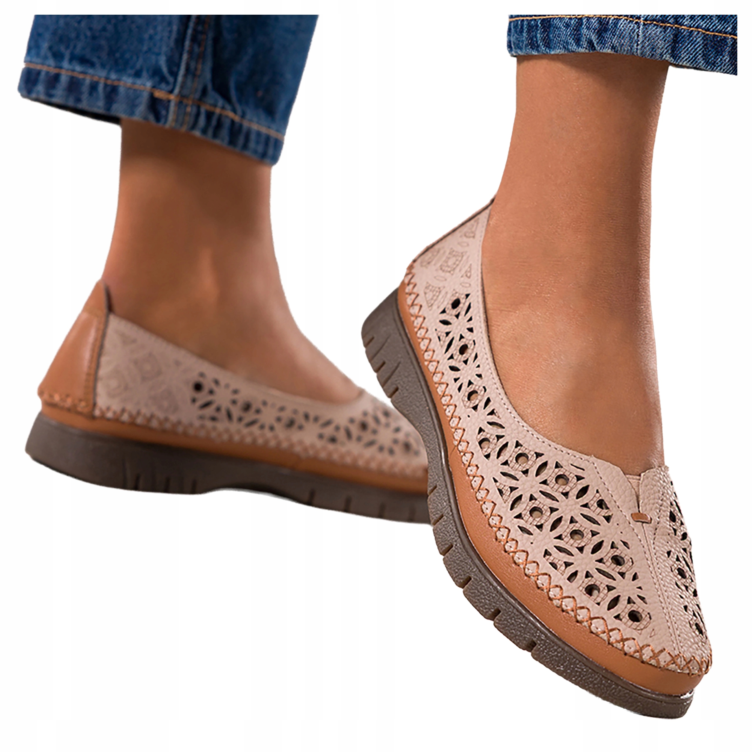 Béžové Pólbuty Dámské Pohodlné Ažurové Elastická podrážka Kožené r 38