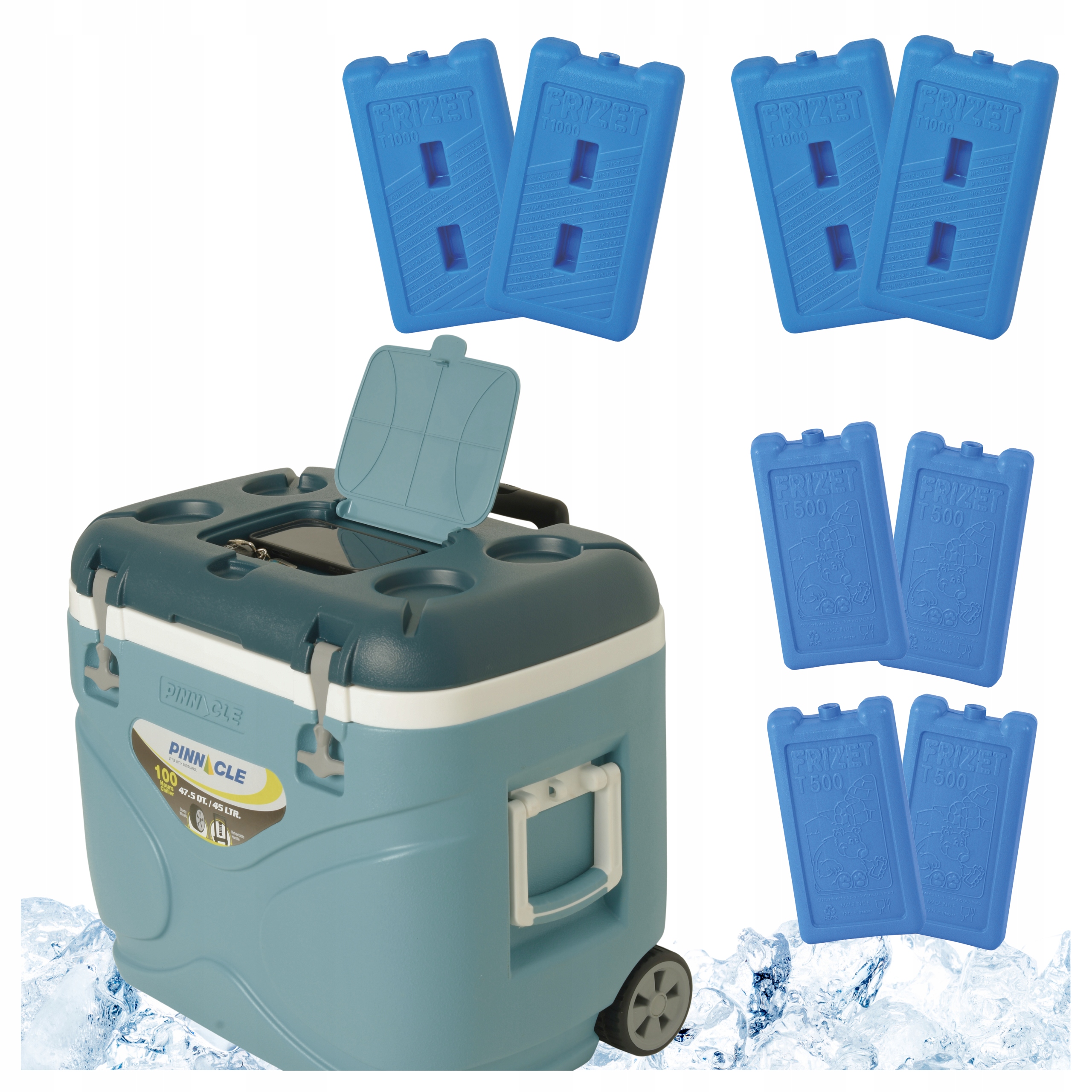Pinnacle Turistická lednička 45L s kolečky světle modrá 8 náplní 4x 1L 4x 0,5L