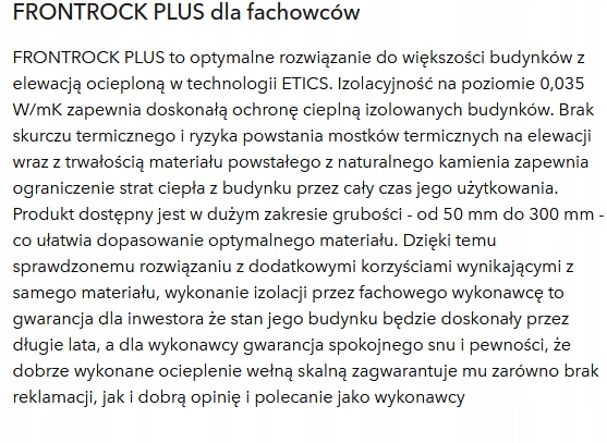WEŁNA SKALNA FRONTROCK PLUS 0,035 GR 22 CM Jednostka sprzedaży m2