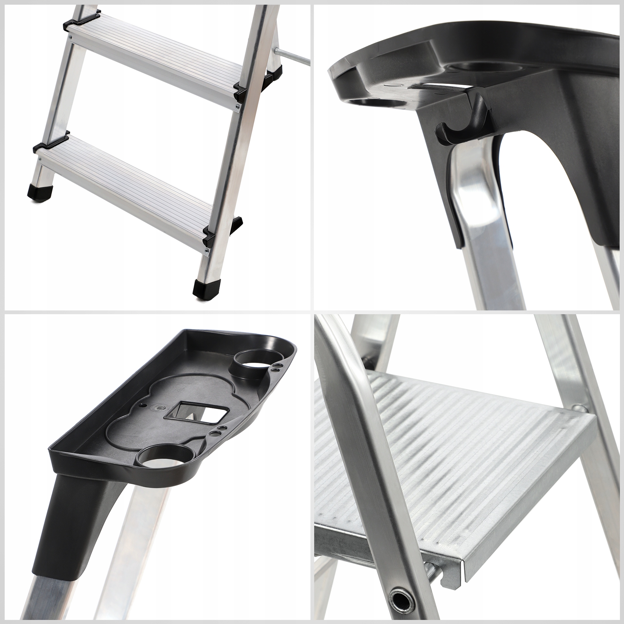 KADAX DRABINA ALUMINIOWA 5 STOPNIOWA SKŁADANA DOMOWA MOCNA PÓŁKA +HAK 125kg Wysokość robocza 2.97 m