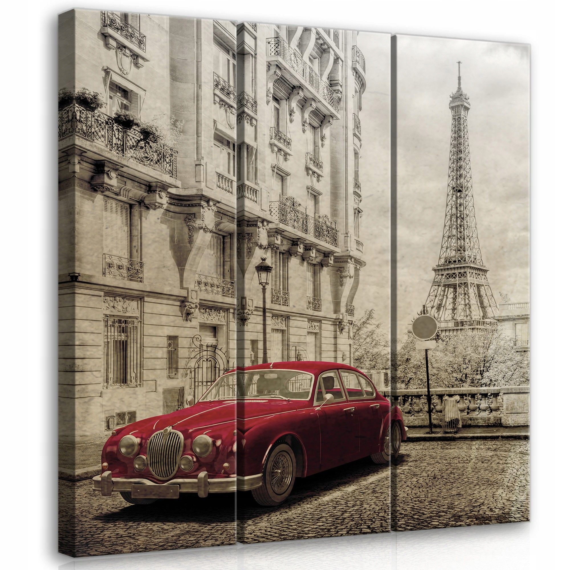 Obraz 90x100 Paříž Eiffelova věž červené auto retro klasika sepia dlažba