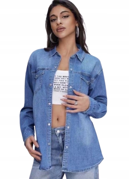 M.sara Módní Dámská Džínová Košile Elastická, Volná, Modrá, Velká 42 XL