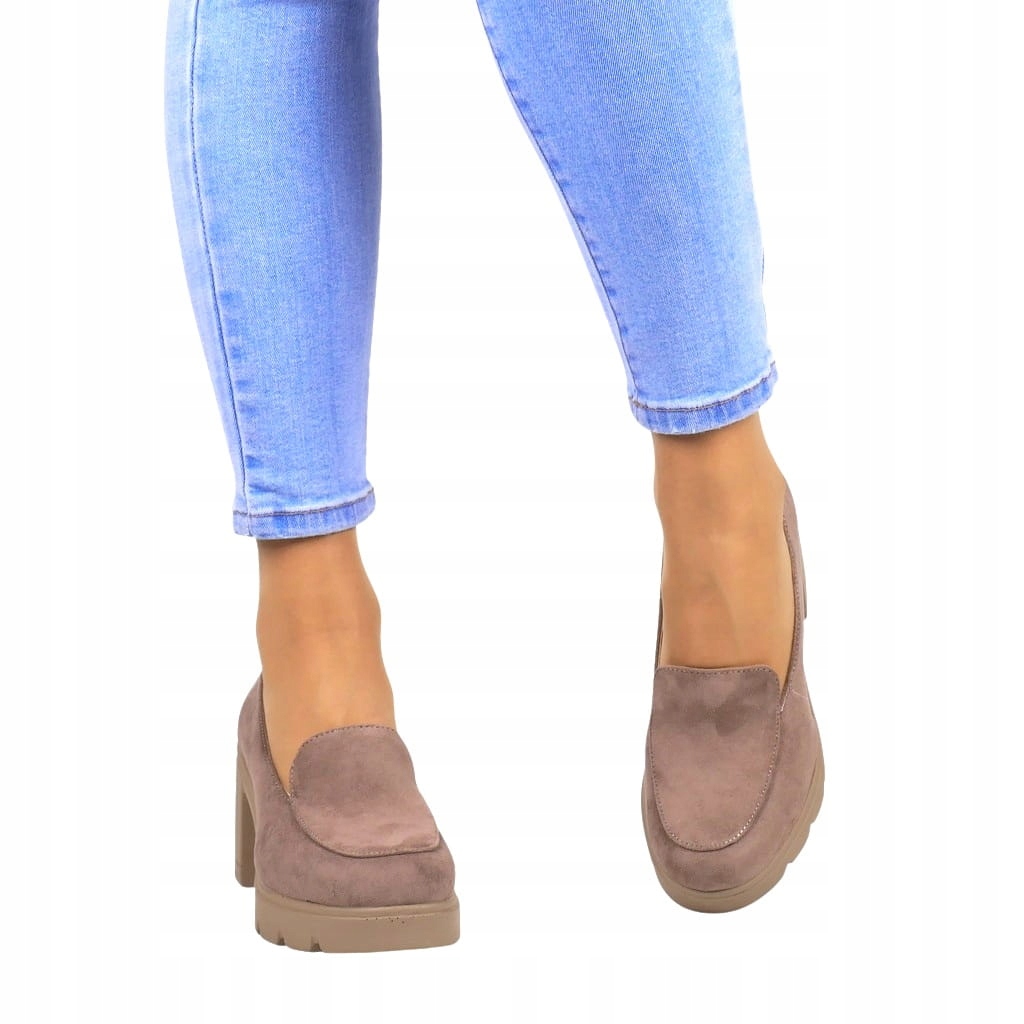 DAMSKIE MOKASYNY PÓŁBUTY NA SŁUPKU WYGODNE KHAKI ZAMSZOWE CIEMNY BEŻ Wzór dominujący bez wzoru