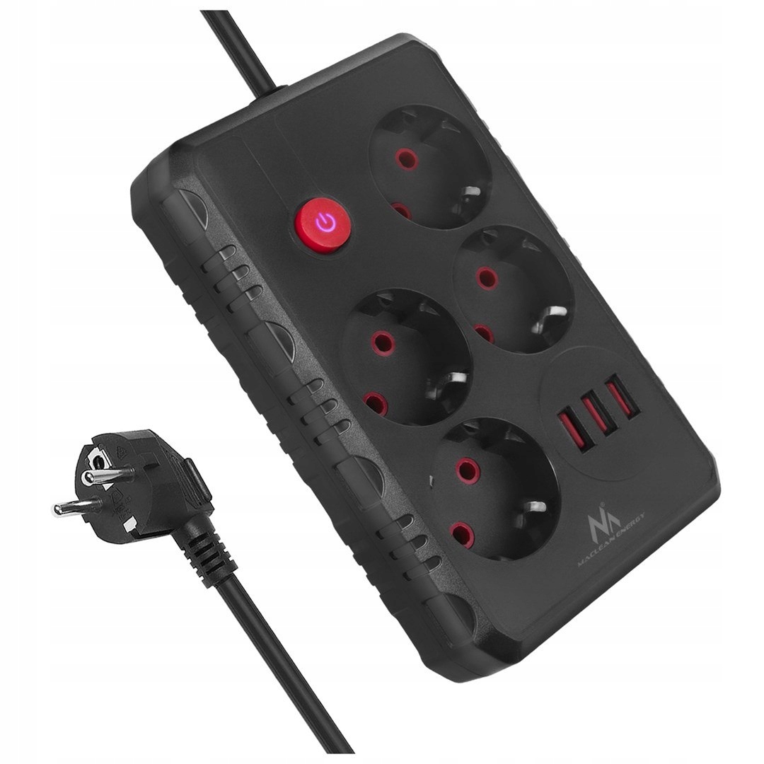 Maclean Listwa Zasilająca, Przedłużacz 4 Gniazda 3XUSB, 110-240V Ac 50/60