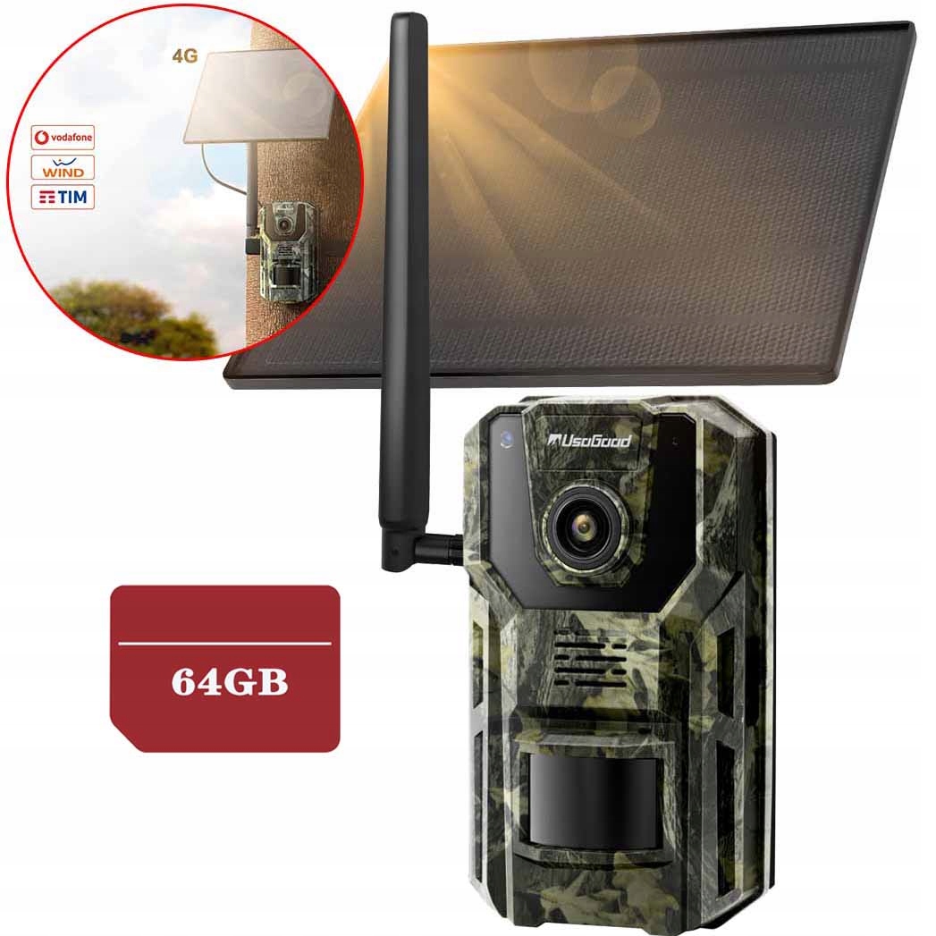 Solární Fotopast Venkovní Otočná Sim Gsm 4G Lte Sim 3MPX 64GB