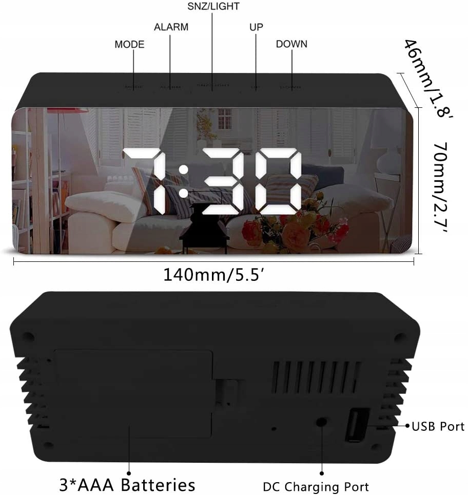 ZEGAR ELEKTRONICZNY LED STOJĄCY BUDZIK LUSTRO ALARM ZEGAREK EAN (GTIN) 5902429907135