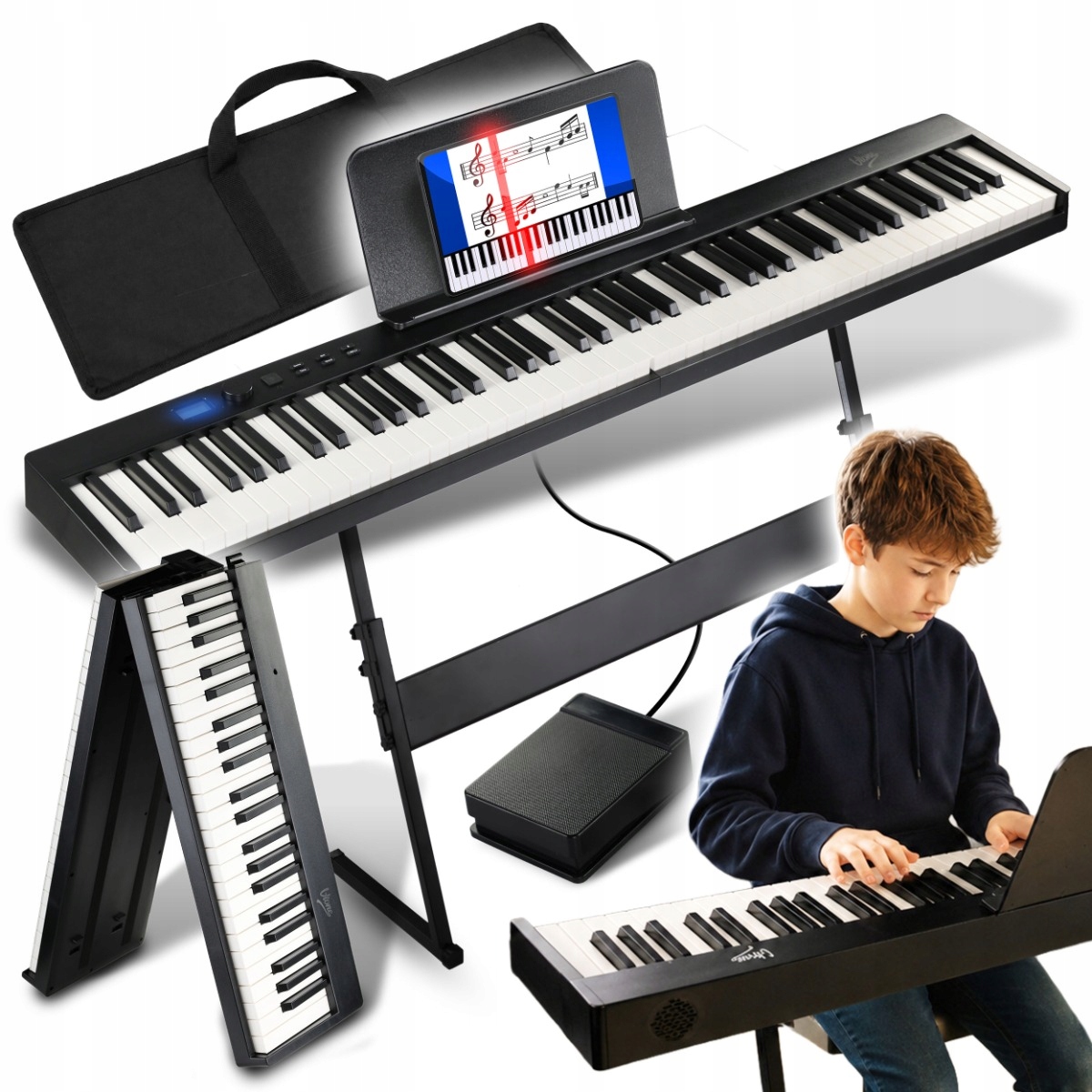 ZESTAW PIANINO CYFROWE 88 KLAWISZY PRZENOŚNE SKŁADANE Bluetooth USB STATYW