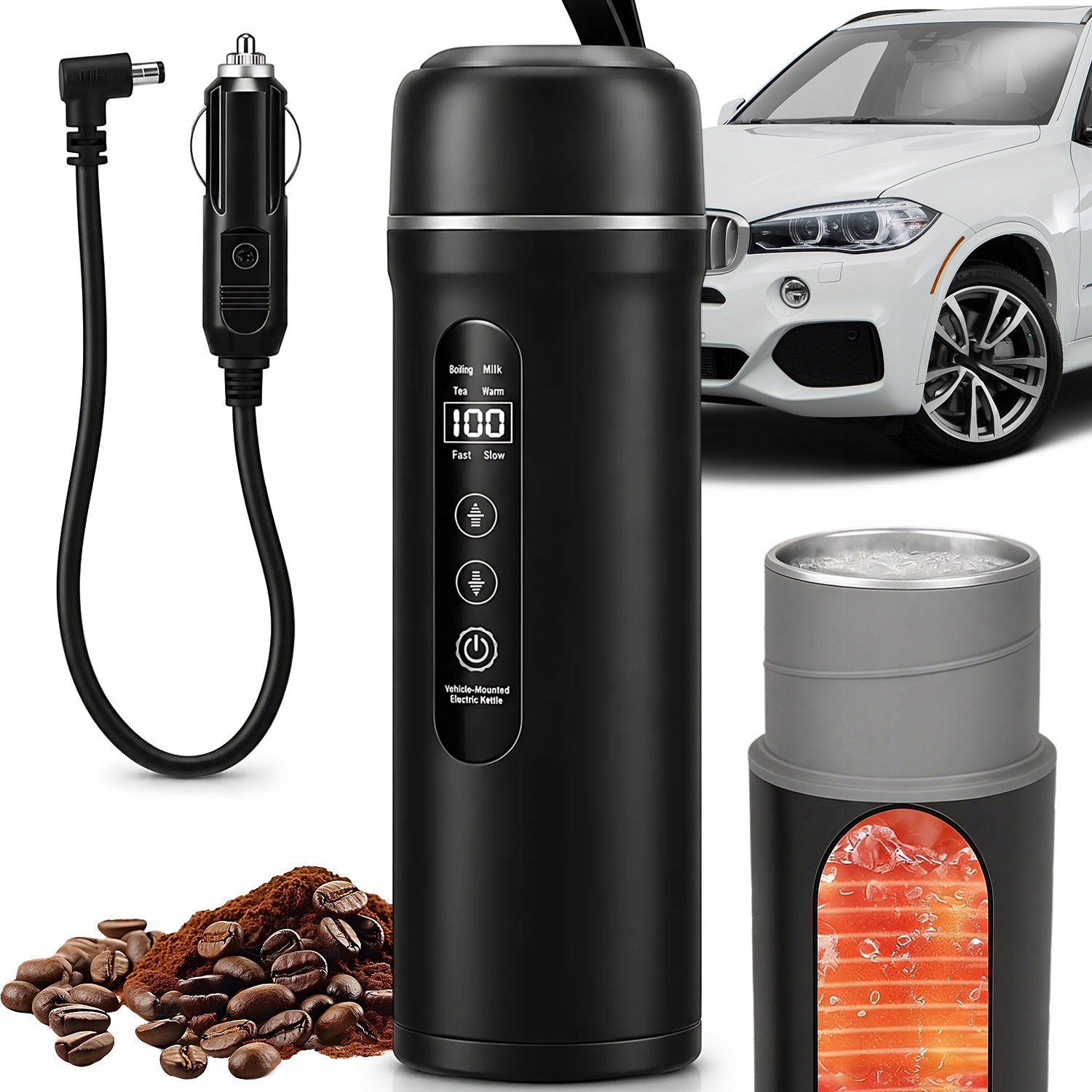Automobilová Konvice 12V 24V 500 ML Pro Cestování, Kempování S Kontrolkou