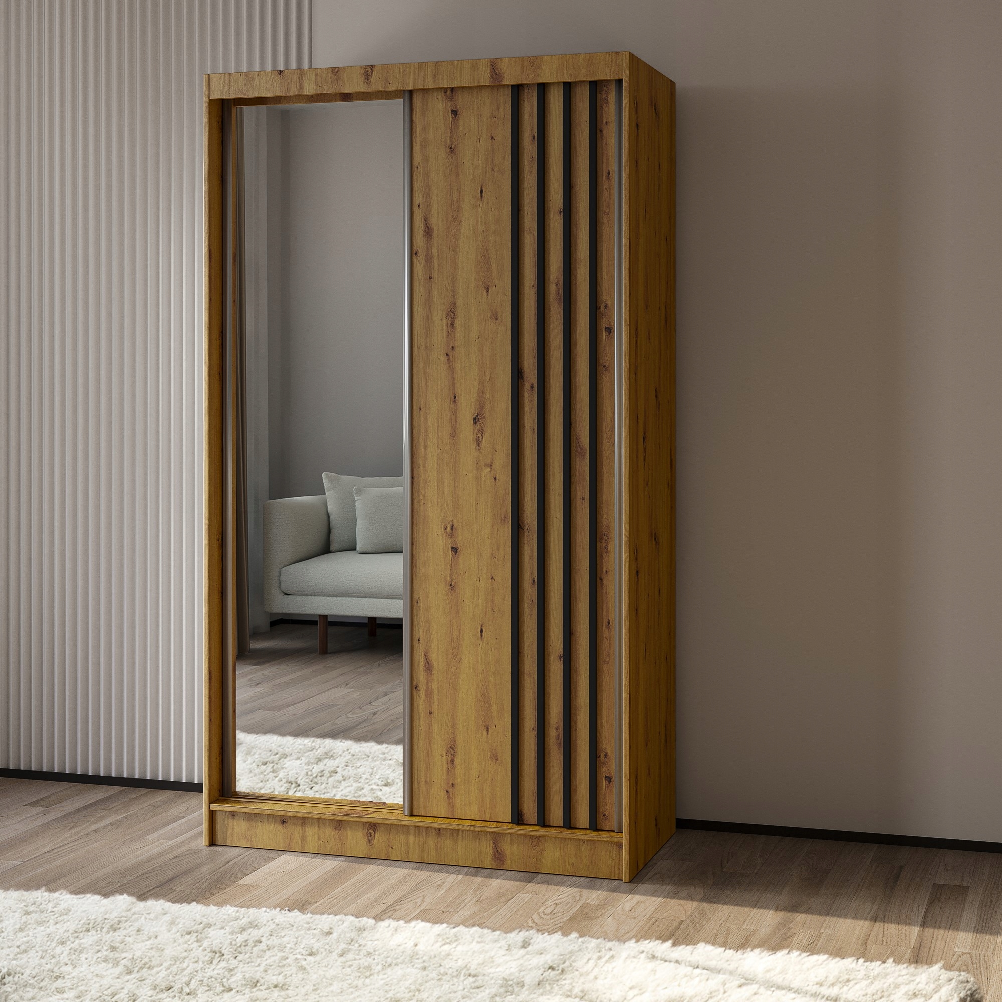 Skříň Nelvia 120 cm Skříň se zrcadlem Posuvná dub artisan