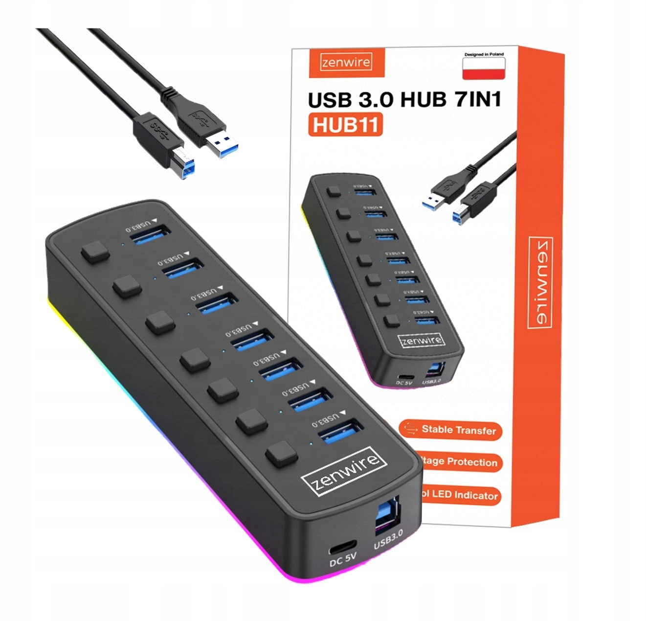Hub 7x Usb 3.0 Aktywny 7w1 Rozgałęźnik Portów Rozdzielacz Usb-c Rgb Led 5GB