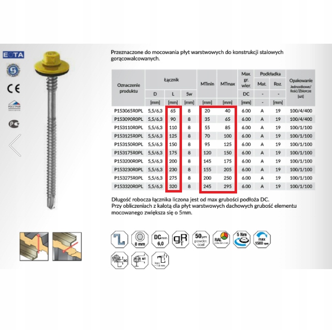 Wkręty do PŁYT WARSTWOWYCH 175mm SAMOWIERCĄCE 100s Marka Etanco