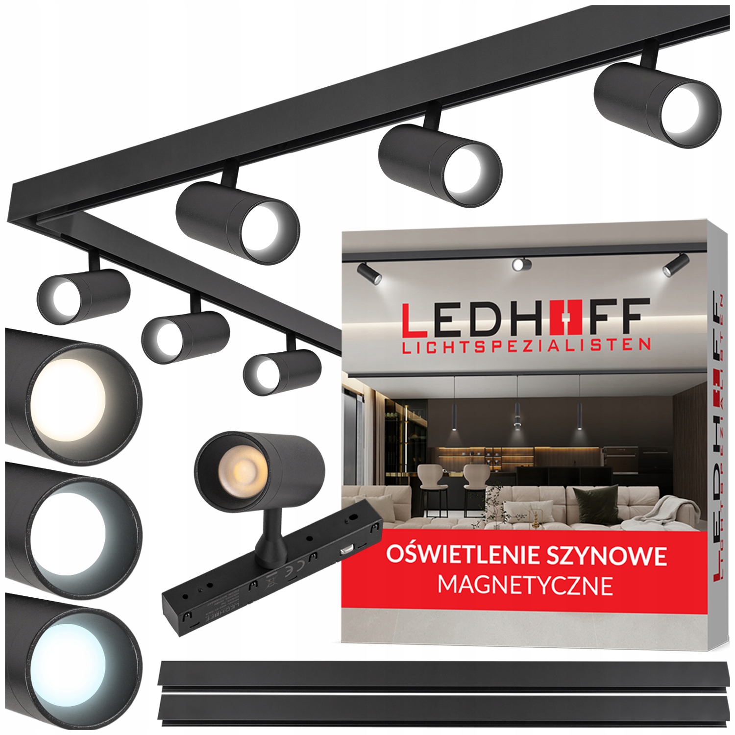 Led magnetické koľajnicové osvetlenie 2x Koľajnica 1 m 6x bodová lampa Spot spojka