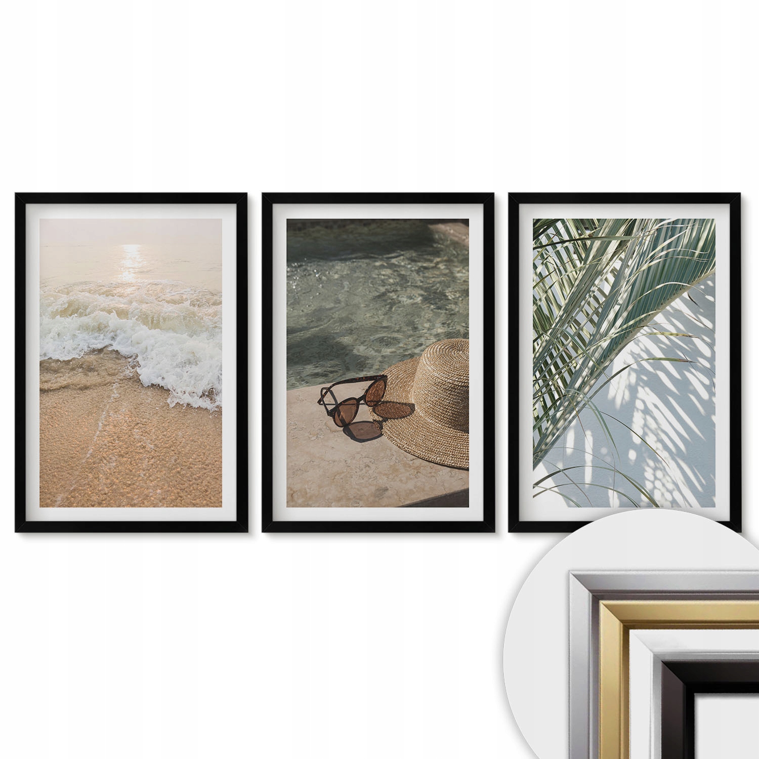 Sada 3 obrazov Triptych Moderná Dekorácia Voda pláž klobúk okuliare