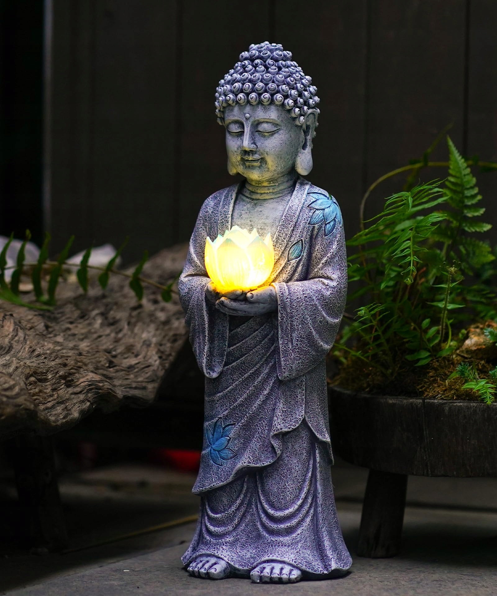 Yeomoo Stojící figurka Buddhy se solární Led Lotusovou zahradní dekorací
