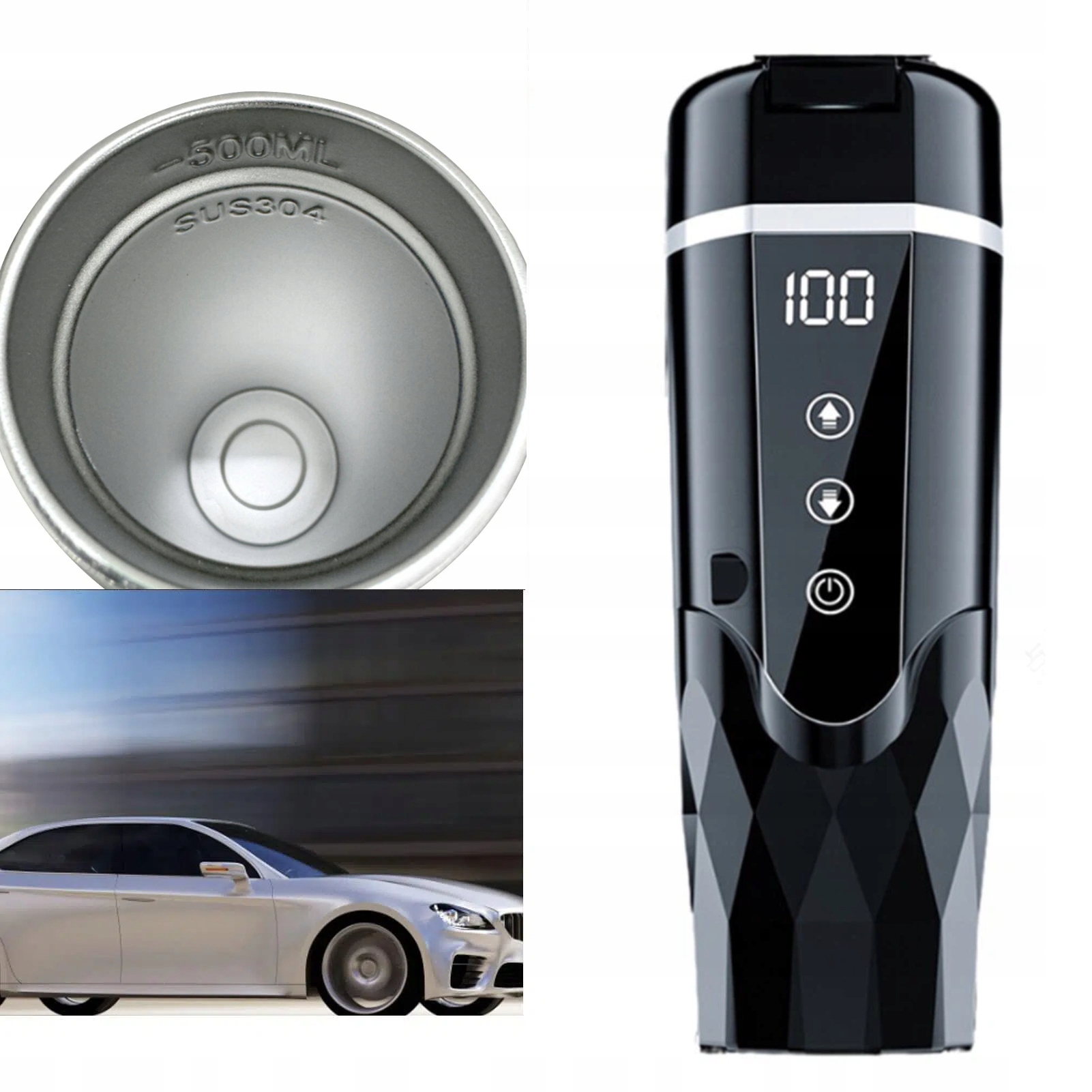 Mini Automobilová Konvice Termální Vyhřívaný Displej 500 ml 12/24 V