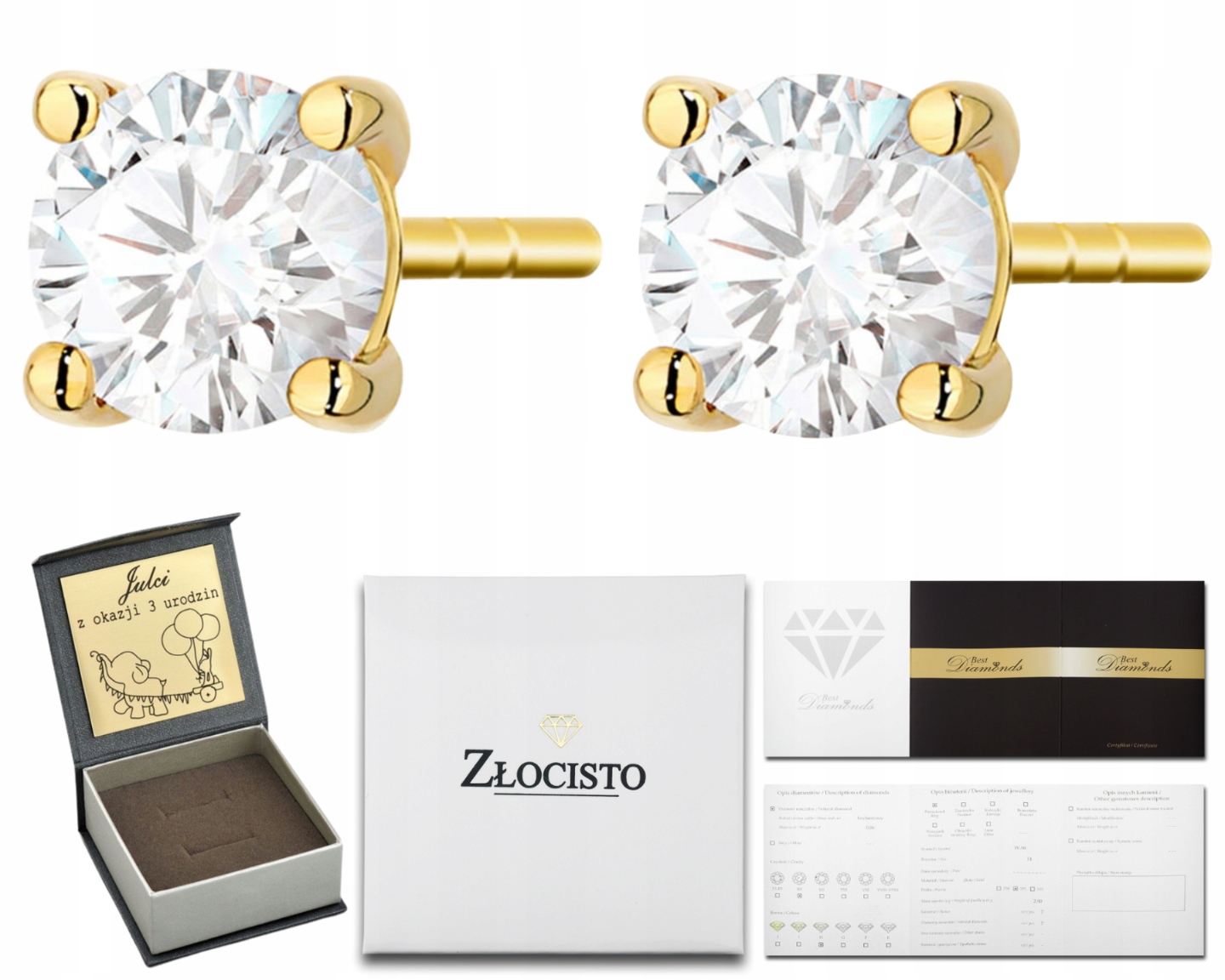 Zlaté Náušnice , Laboratorní Diamanty, Pěvkové Náušnice, Pěvkové Náušnice, Zlato 585, Dárek
