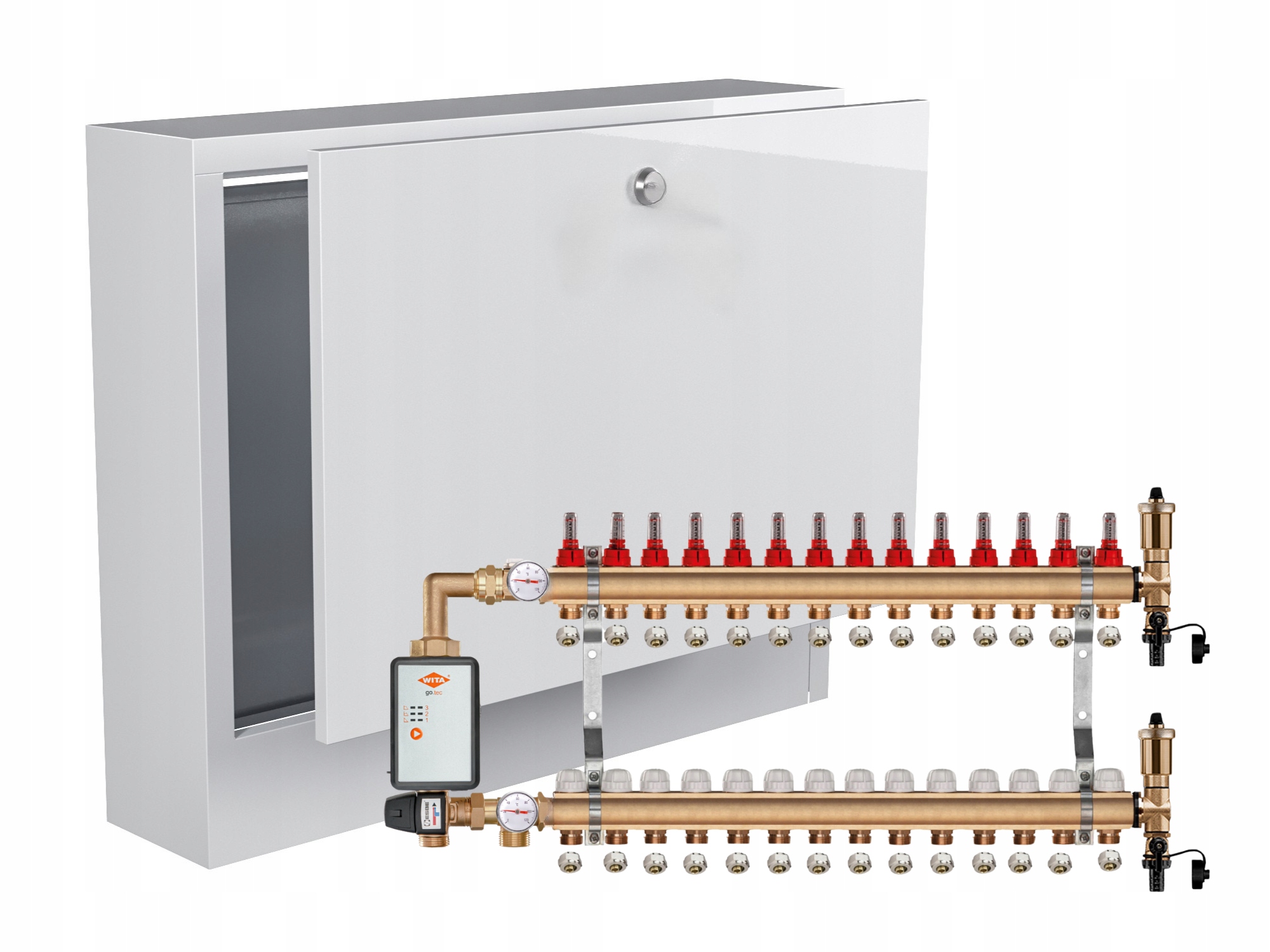Mosazný Rozdělovač Podlahovky 14+ČERPADLO Vítá Go.tec+nástěnná Skříňka+pex