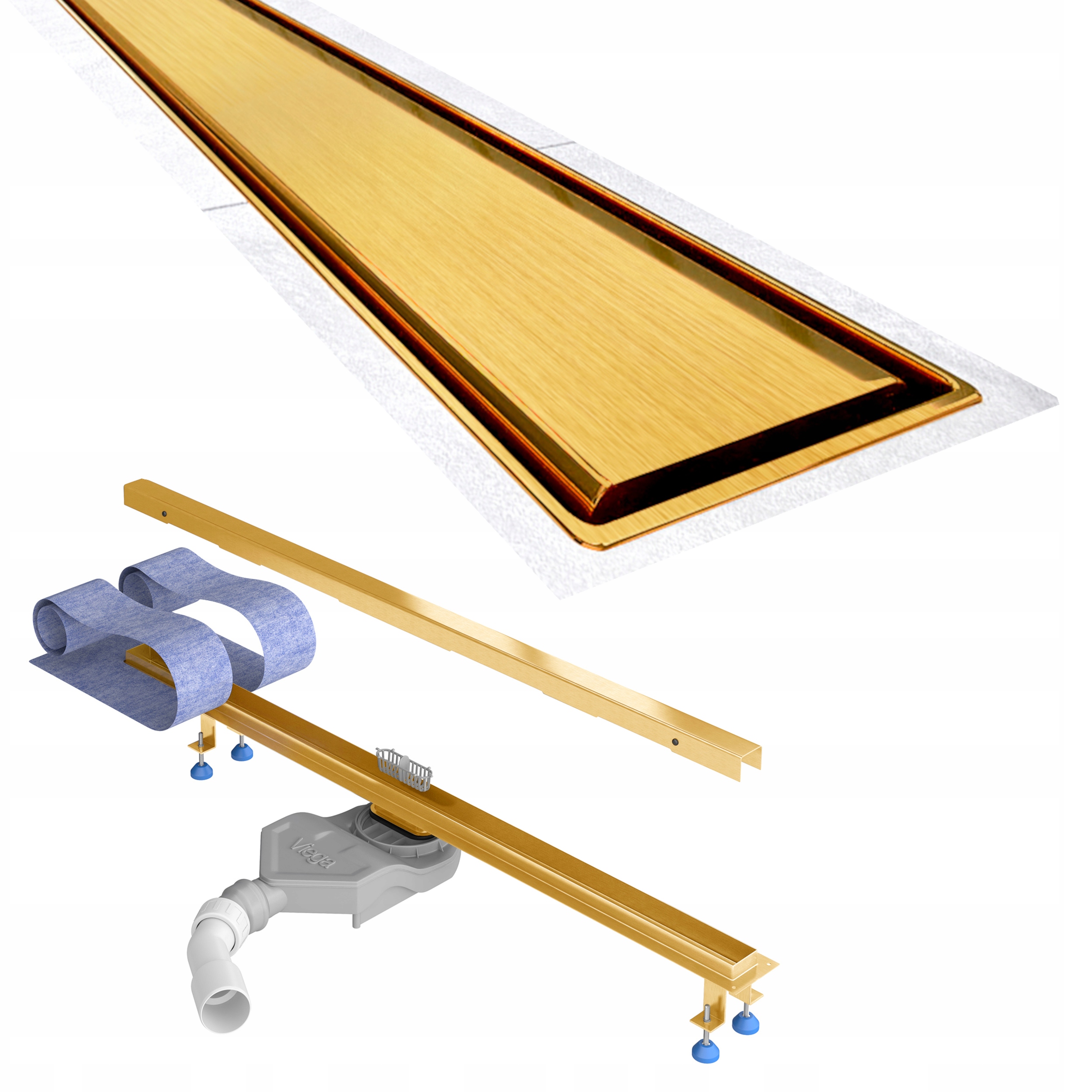 Lineárny odtok 90 cm zlatý kartáčovaný nízky Slim sifón Viega kompletná sada