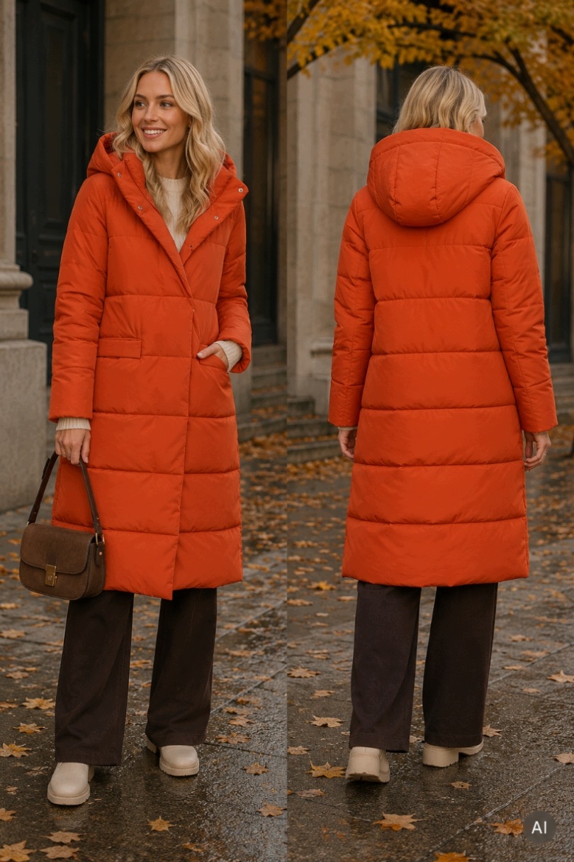 Dámský Dlouhý Zateplený Oversize Kabát S Kapucí Ke Kolenům, Oranžový, L