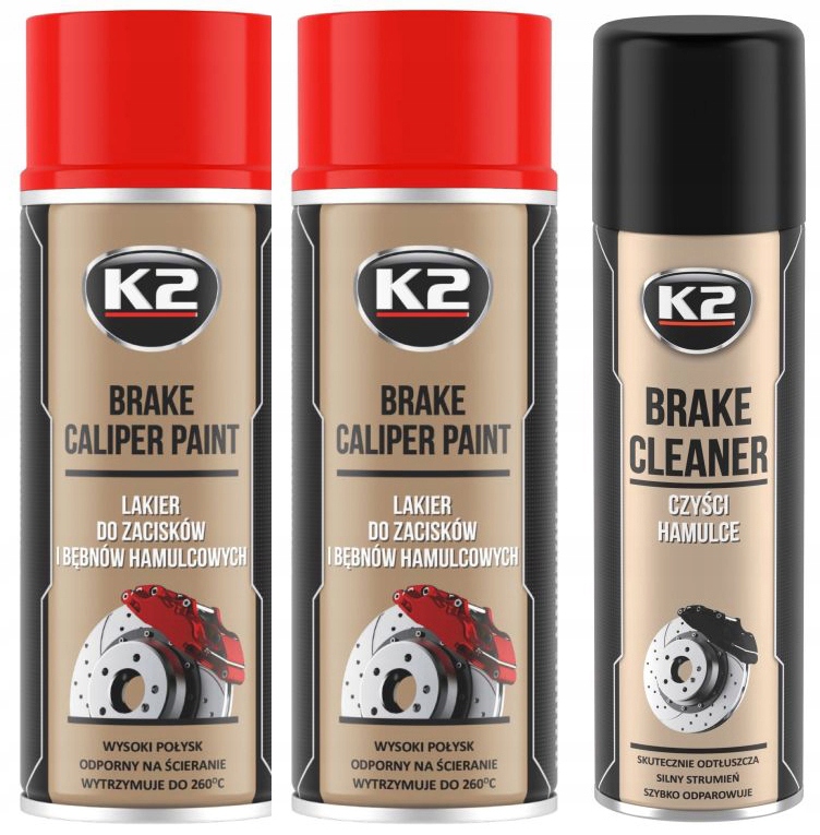 2x CZERWONY LAKIER DO ZACISKÓW HAMULCOWYCH K2 ZESTAW + ZMYWACZ