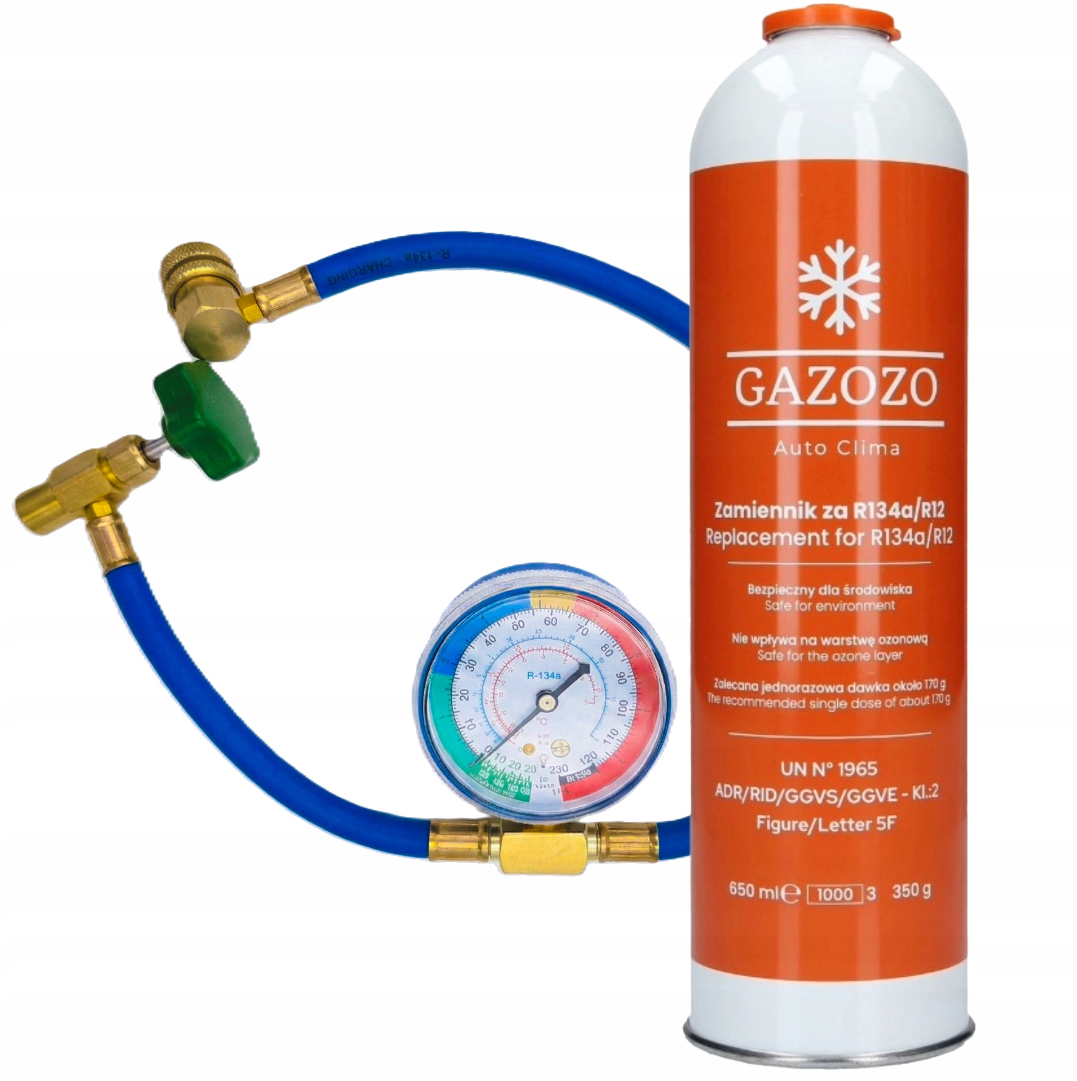 Czynnik chłodniczy Gazozo Auto Clima R134a/R12 650ml + PRZEWÓD Z MANOMETREM