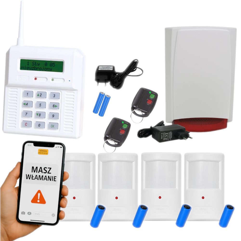 System Alarmowy Bezprzewodowy Elmes Gsm Sms Clip Alarm 4 Czujki 2 Piloty
