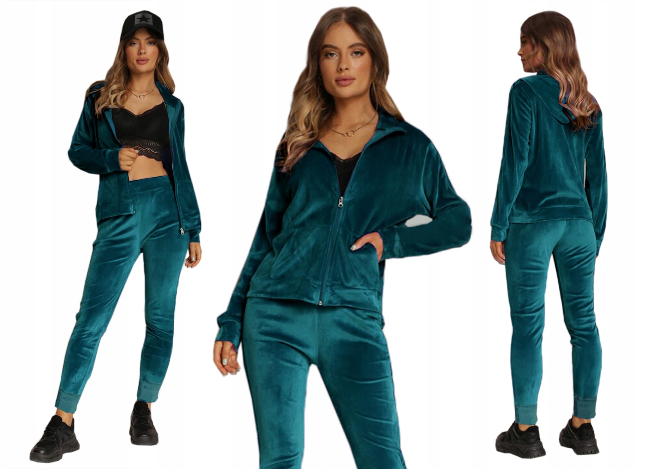 Dres damski welurowy Rozpinany komplet Welur bluza kaptur 9165 d. green XL