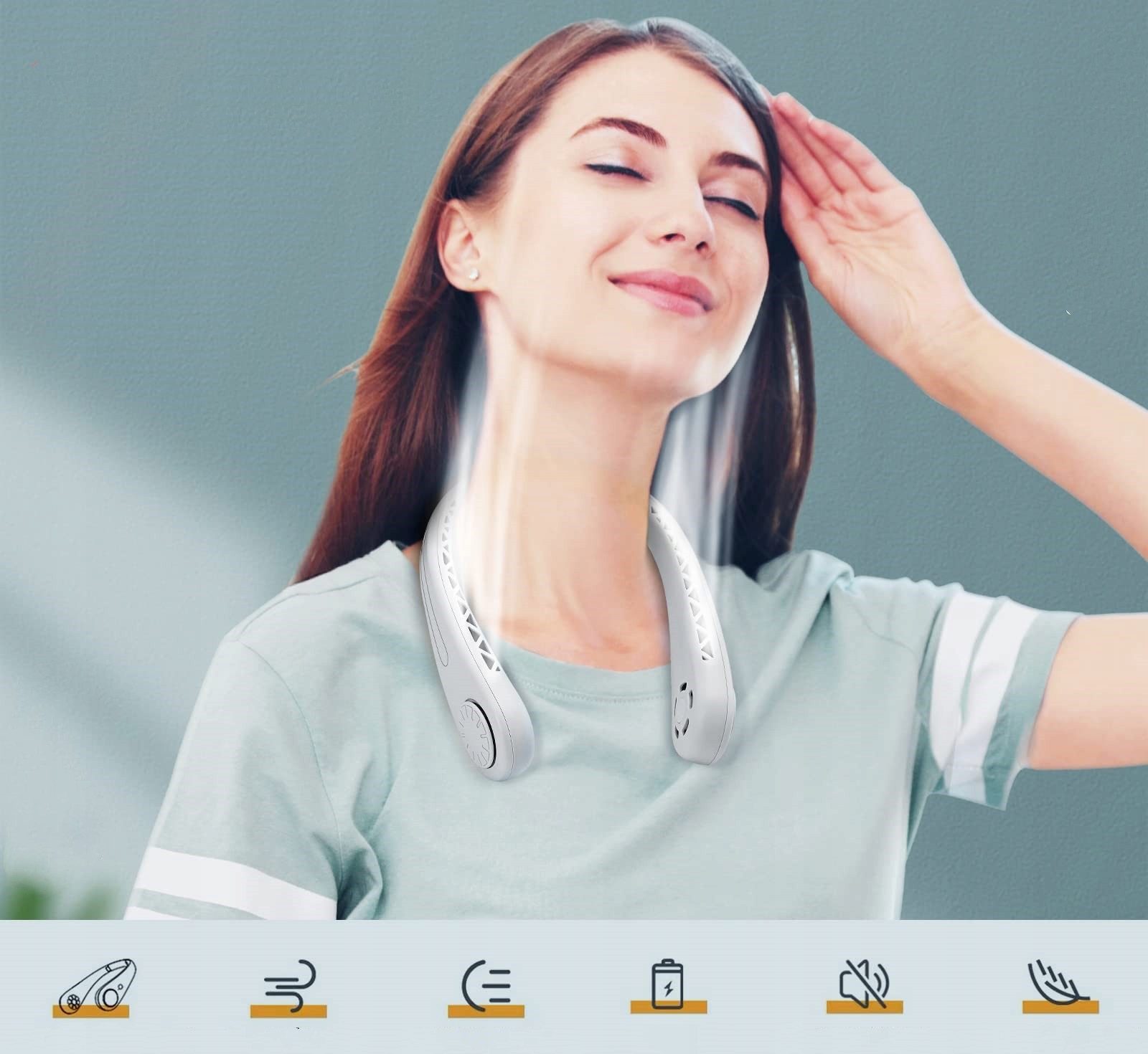 WENTYLATOR WIATRAK NA SZYJĘ PRZENOŚNY KLIMATYZATOR BEZPRZEWODOWY AKUMULATOR Wysokość całkowita 20 cm