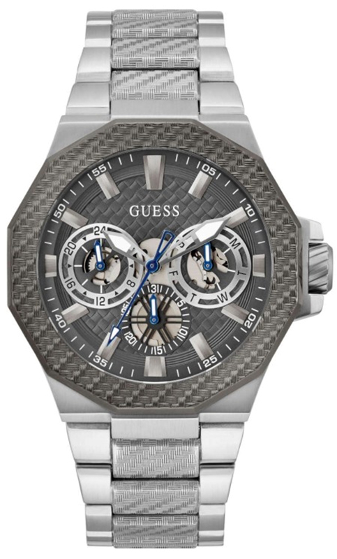Pánské hodinky Guess Indy Štít šedý Náramek ocel stříbrný Logo