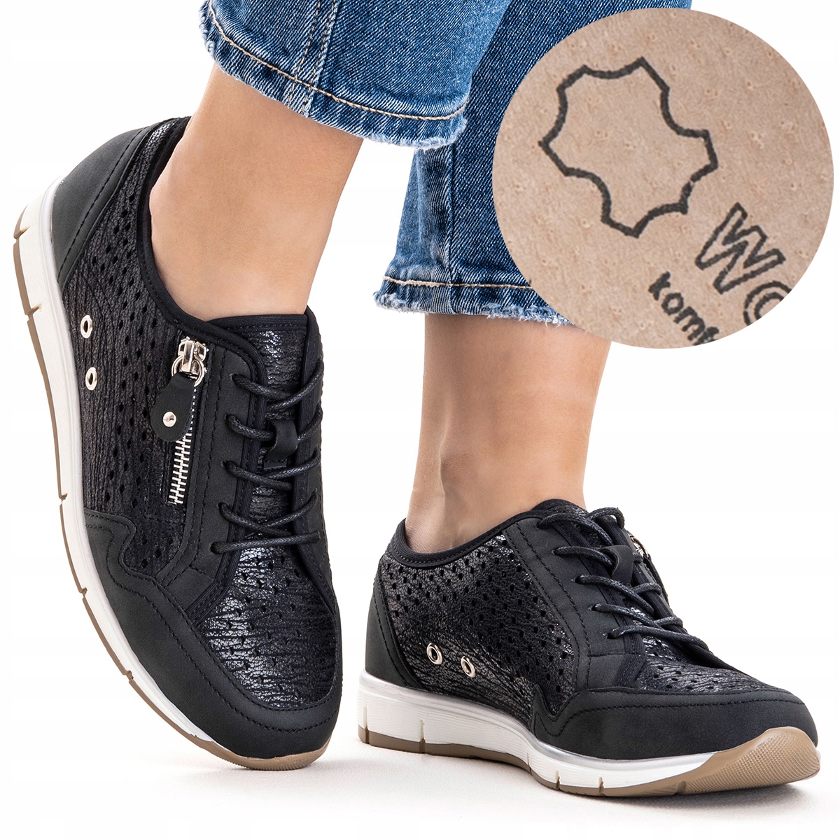 Półbuty sneakersy damskie wkł.SKÓRA na koturnie Lekkie stylowe Wojtyłko 37