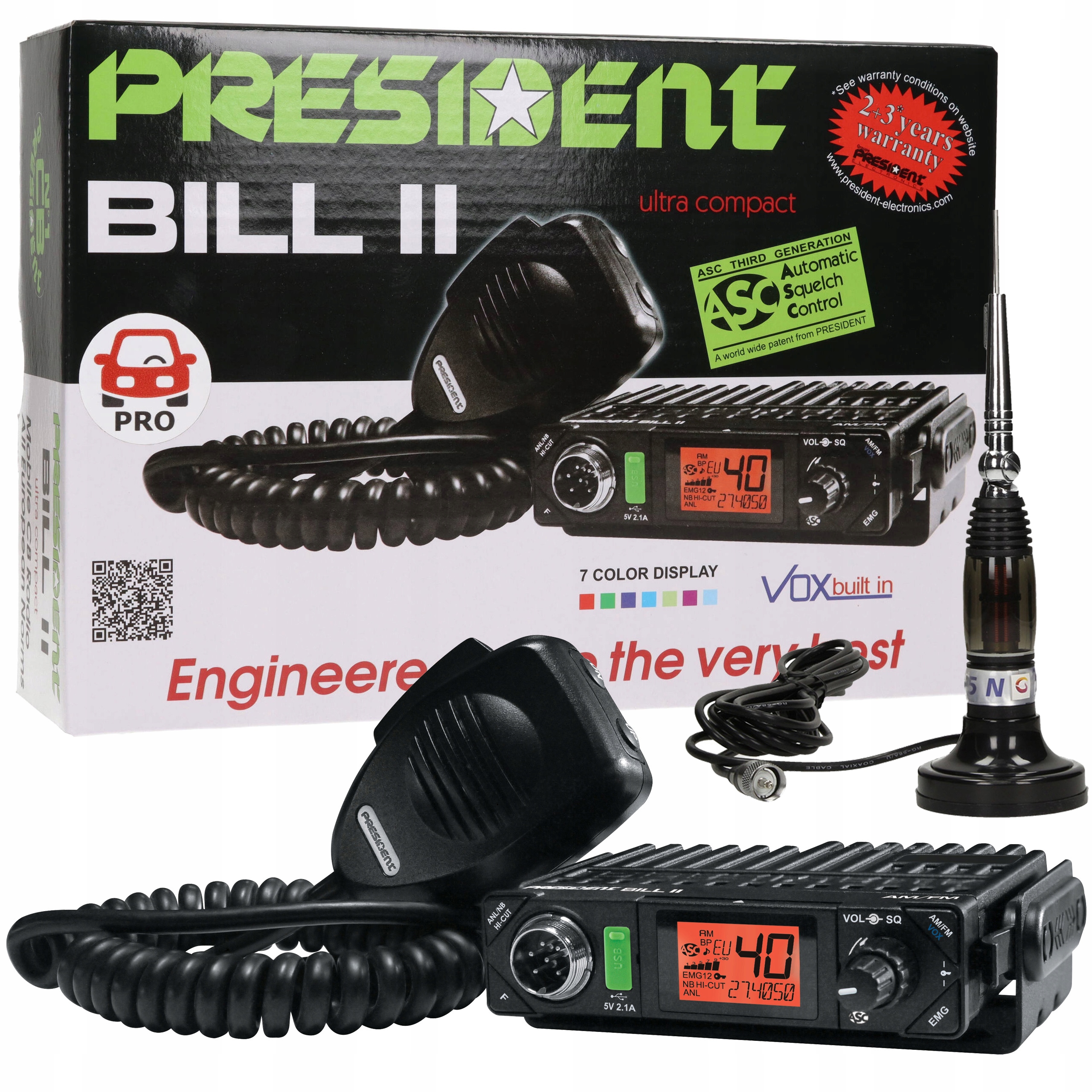 PRESIDENT BILL ASC MINI RADIO CB Z ANTENĄ A6P A1G