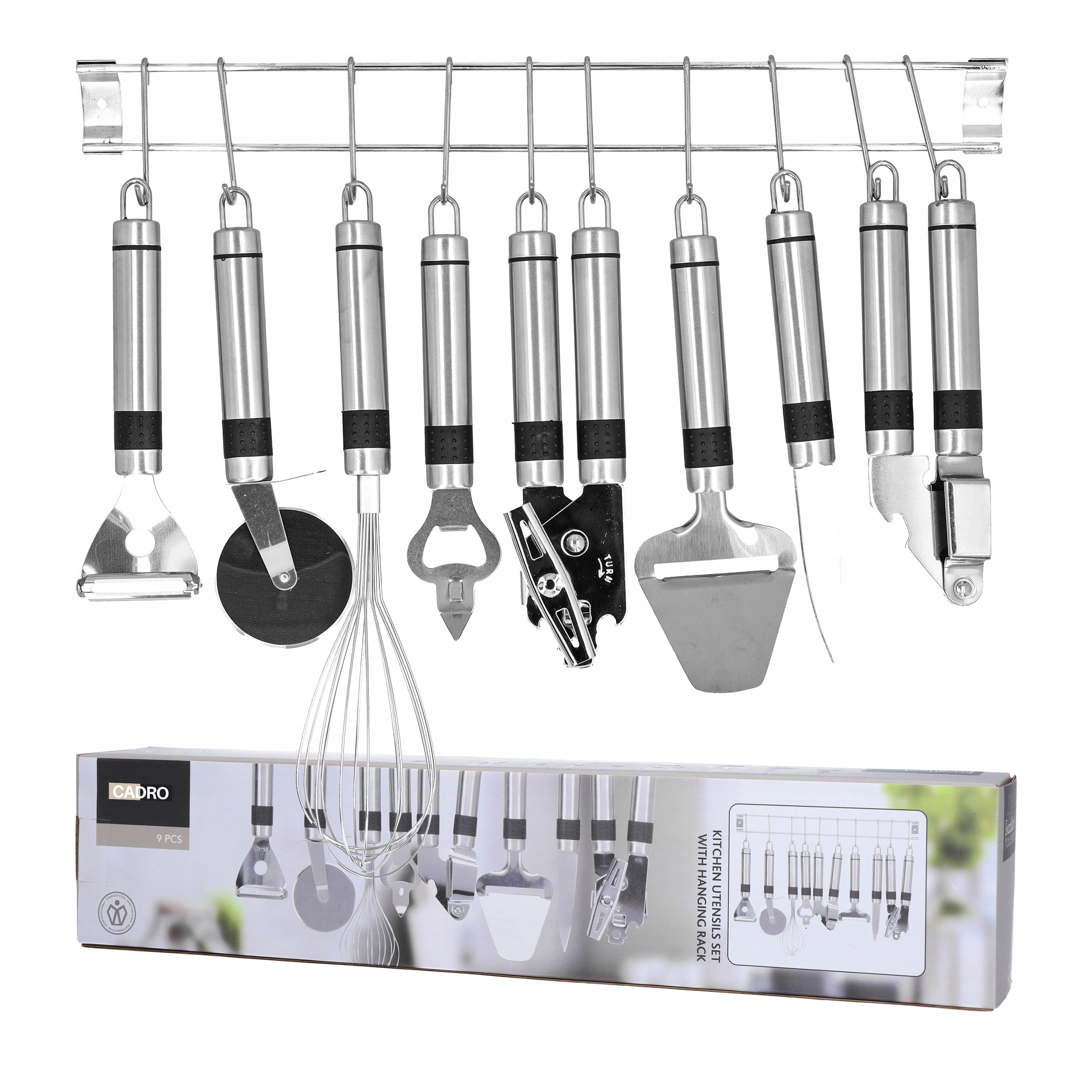 Sada kuchyňského náčiní z oceli, šlehací metla, nůž, lis 9 ks reling