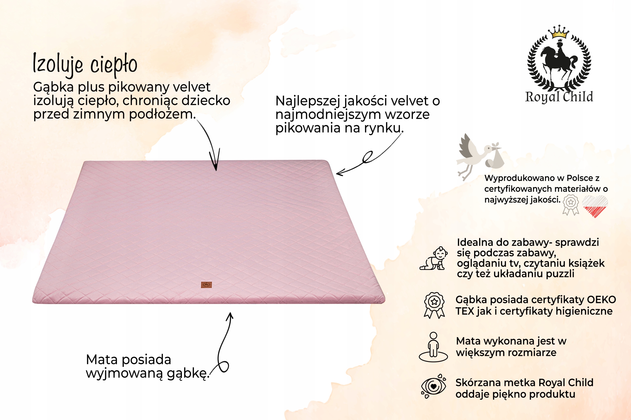 MATA DO ZABAWY XXL PIKOWANY VELVET RÓŻ RoyalChild Marka inna