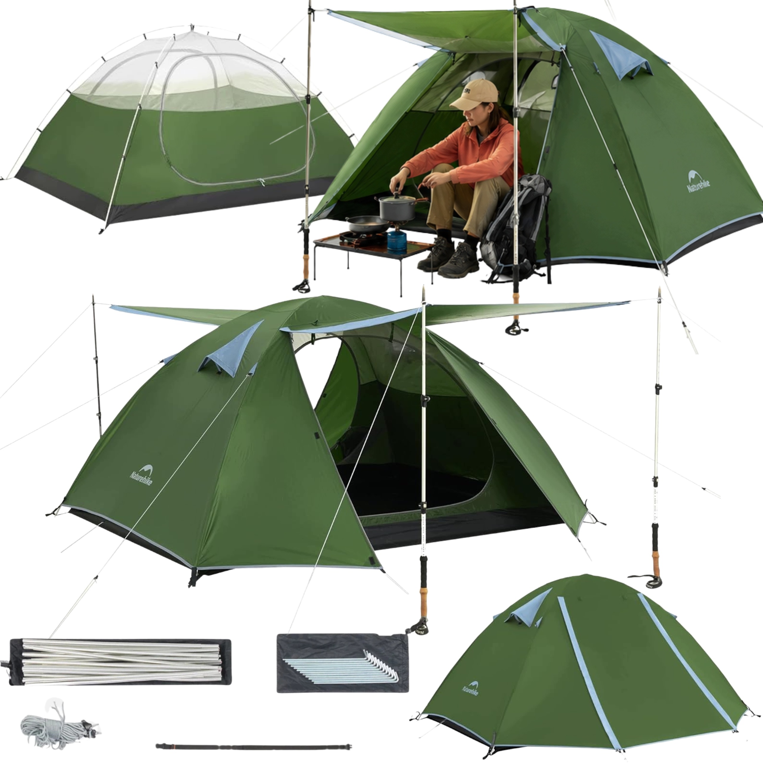 Stan Naturehike Turistický pro 3 osoby, 2 předsíně, zelený