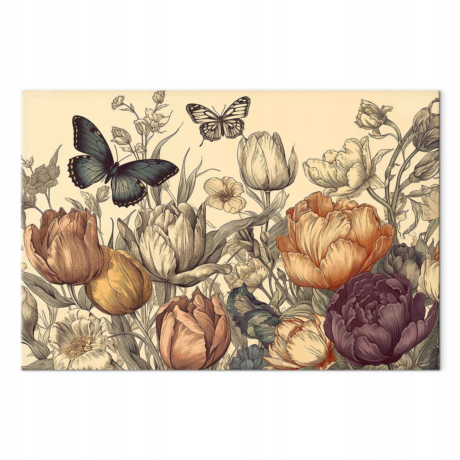 Obraz na plátně Obraz na plátně Grafika Zahrada Květiny Tulipány Motýl Retro 60x40 cm