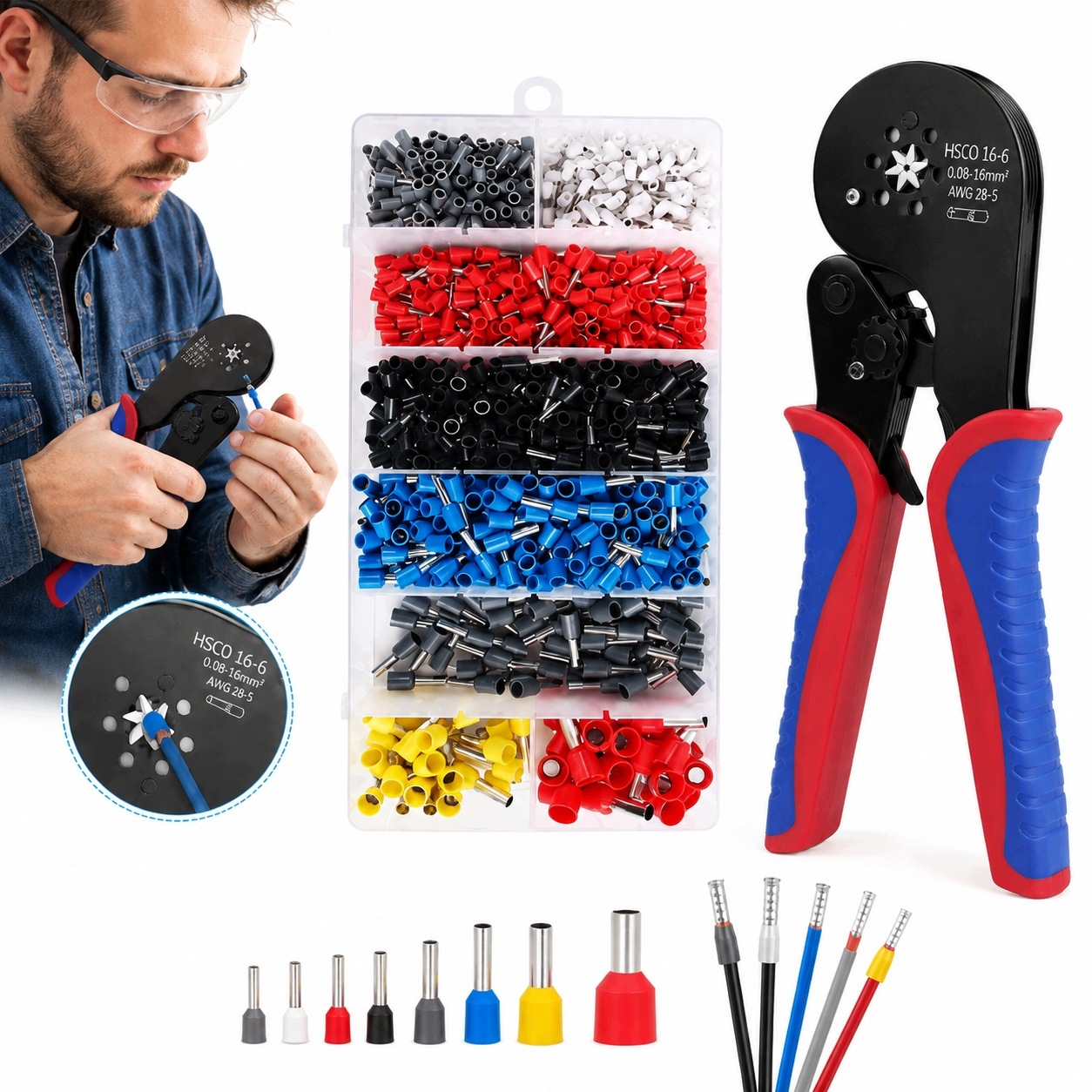 Zaciskarka do tulejek kablowych 16-6 praska zestaw 1200szt 0.08-16mm²