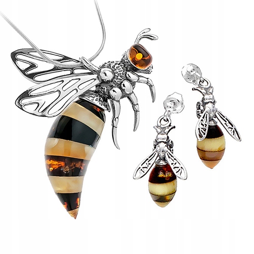 Včely včela stříbrná Komplet s baltským Jantarem stříbro AG925