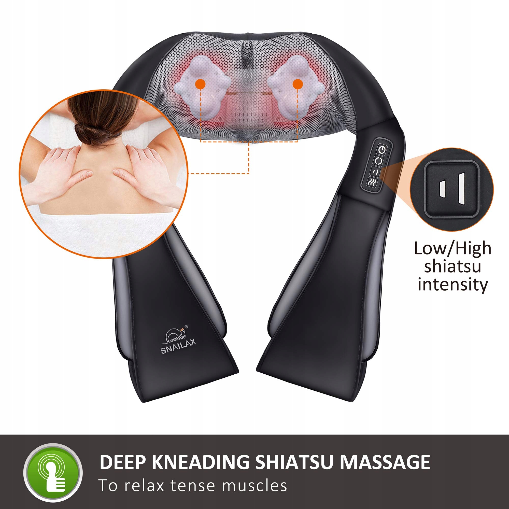 SNAILAX Masażer Shiatsu Do Szyi Pleców Z Funkcją Podgrzewania Elektryczny — miniatura 2