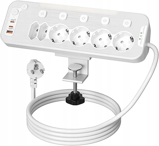 LISTWA ZASILAJĄCA BIURKOWA 6 GNIAZD Z USB OCHRONA PRZEPĘCIOWA 2M BIAŁA