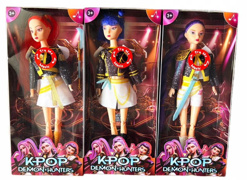 ZESTAW 3 LALEK KPOP DEMON HUNTERS ŚPIEWAJĄ RUMI ZOEY MIRA HUNTRIX ŁOWCZYNIE
