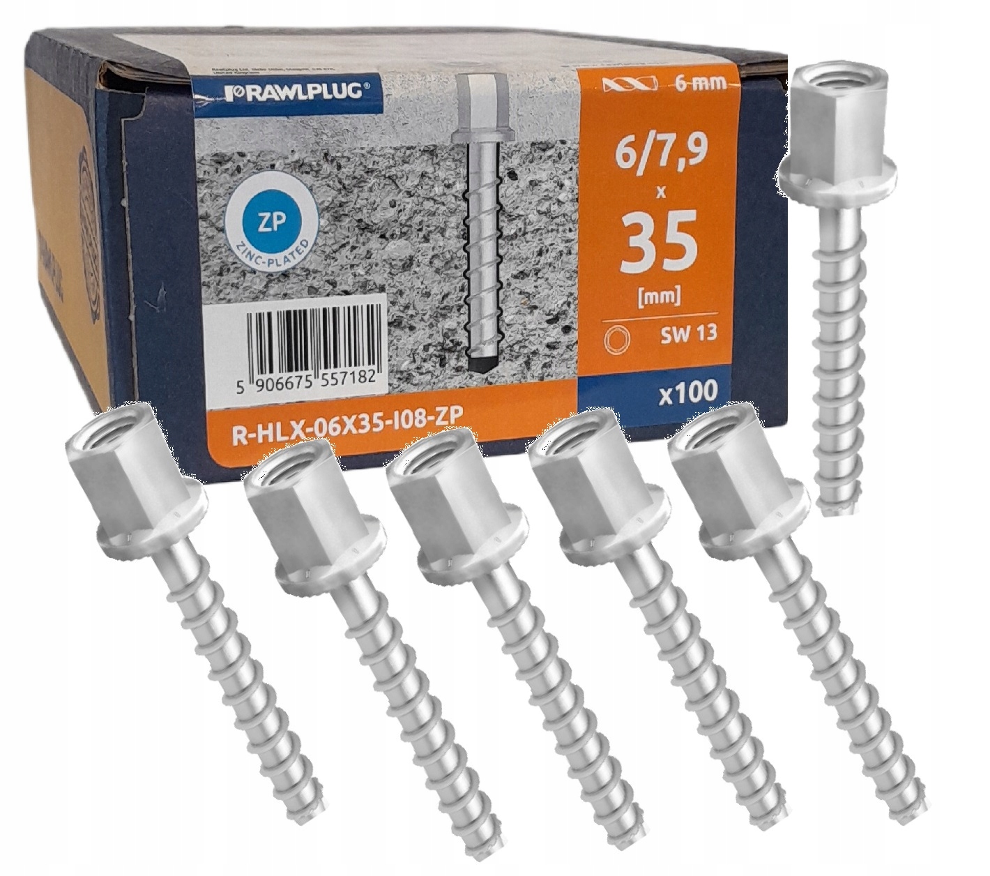 Rawlplug Wkrety śruby do betonu 6x35mm w ocynku z łbem na gwint M8